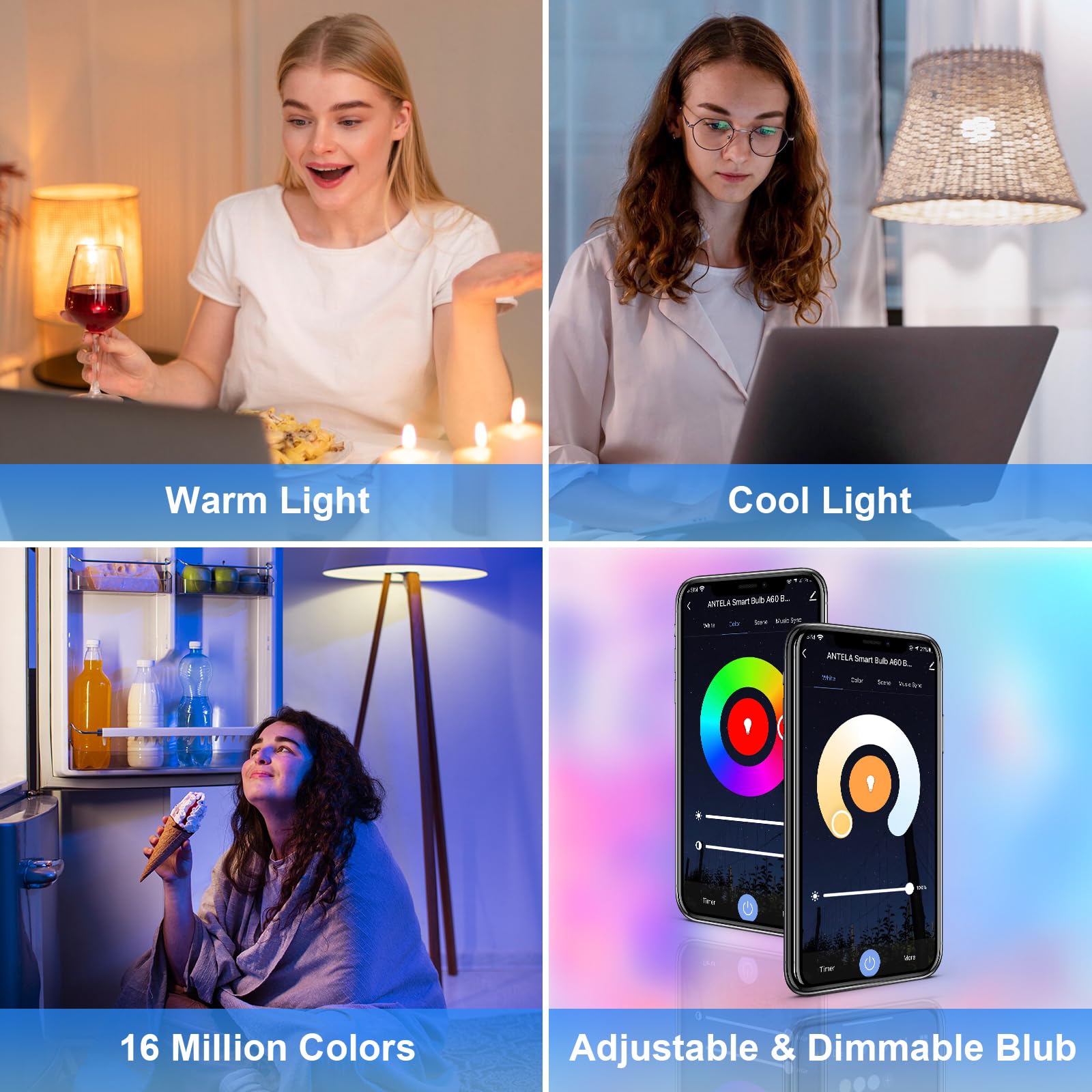Alexa Glühbirne E27 7W 806LM ANTELA RGB 2700K-6500K Warmweiß Kaltweiß Licht Smart WLAN LED Dimmbare Birne Lampe, Kompatibel mit Google Home, Smart Life APP, 4 Stück