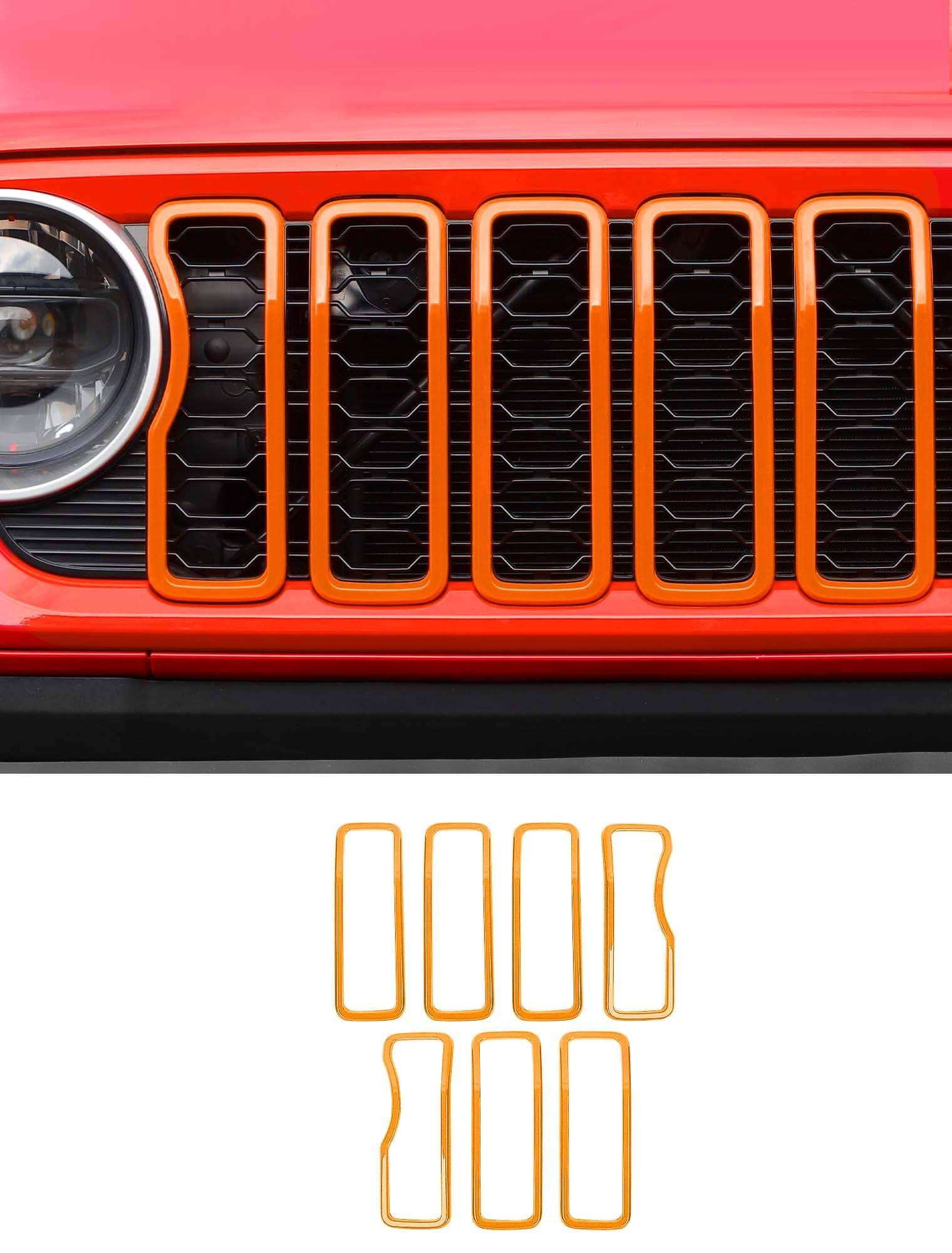 Savadicar Front Grill Inserts for 2024+ Jeep Wrangler JL JLU 4XE &amp; Gladiator JT - Elevate Your Wrangler's Aesthetics with Front Grille Cover Guard, Exterior Trim Accessories, 7 PCs, Orange