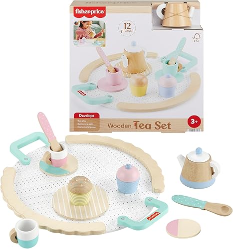 Fisher-Price Juego de té de juguete de simulación de madera, juego de madera de 12 piezas con tetera, tazas y platillos para niños preescolares a