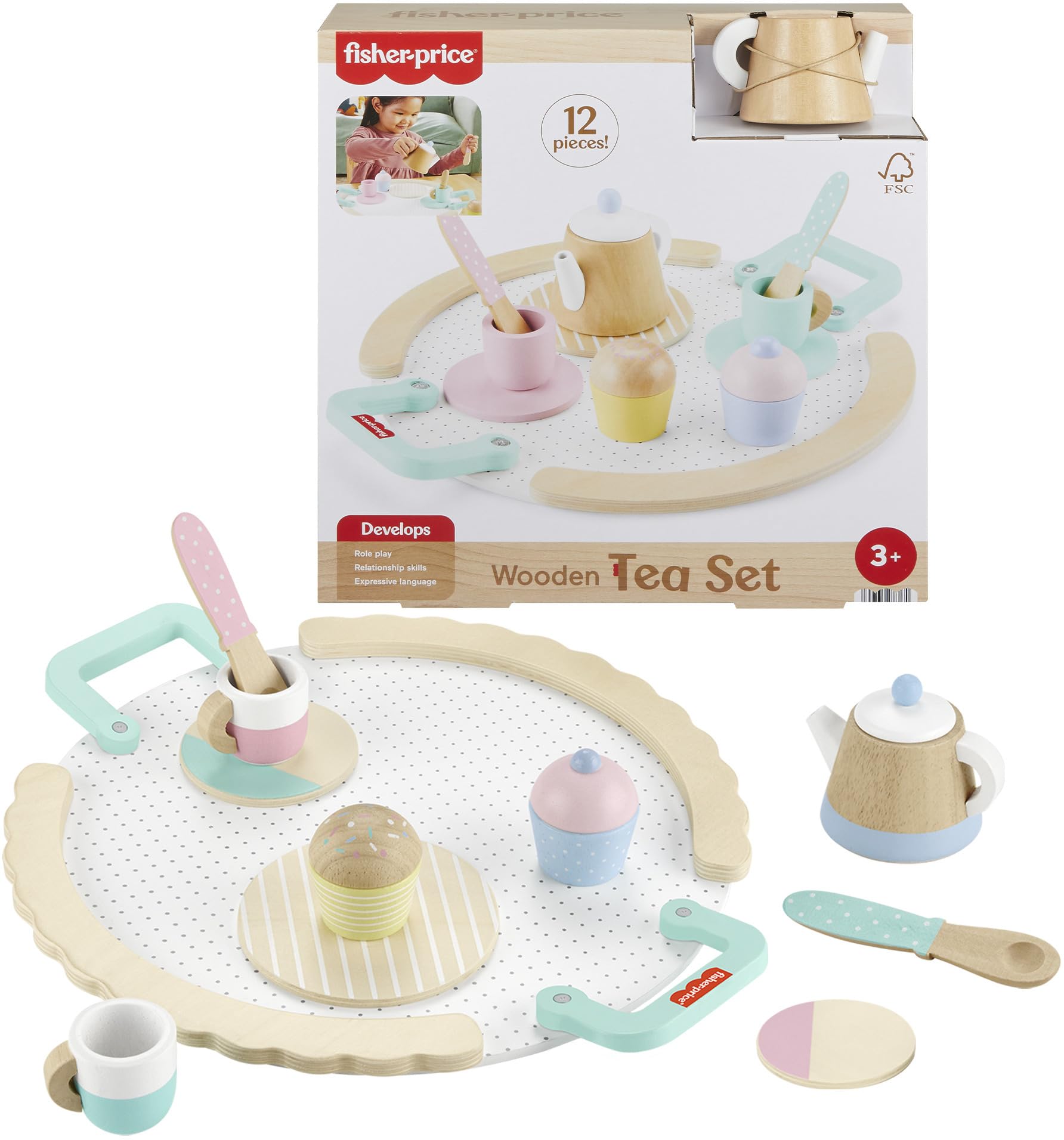 Fisher-Price Wood Pretend Play Toy Tea Set, 12-Piece Wooden