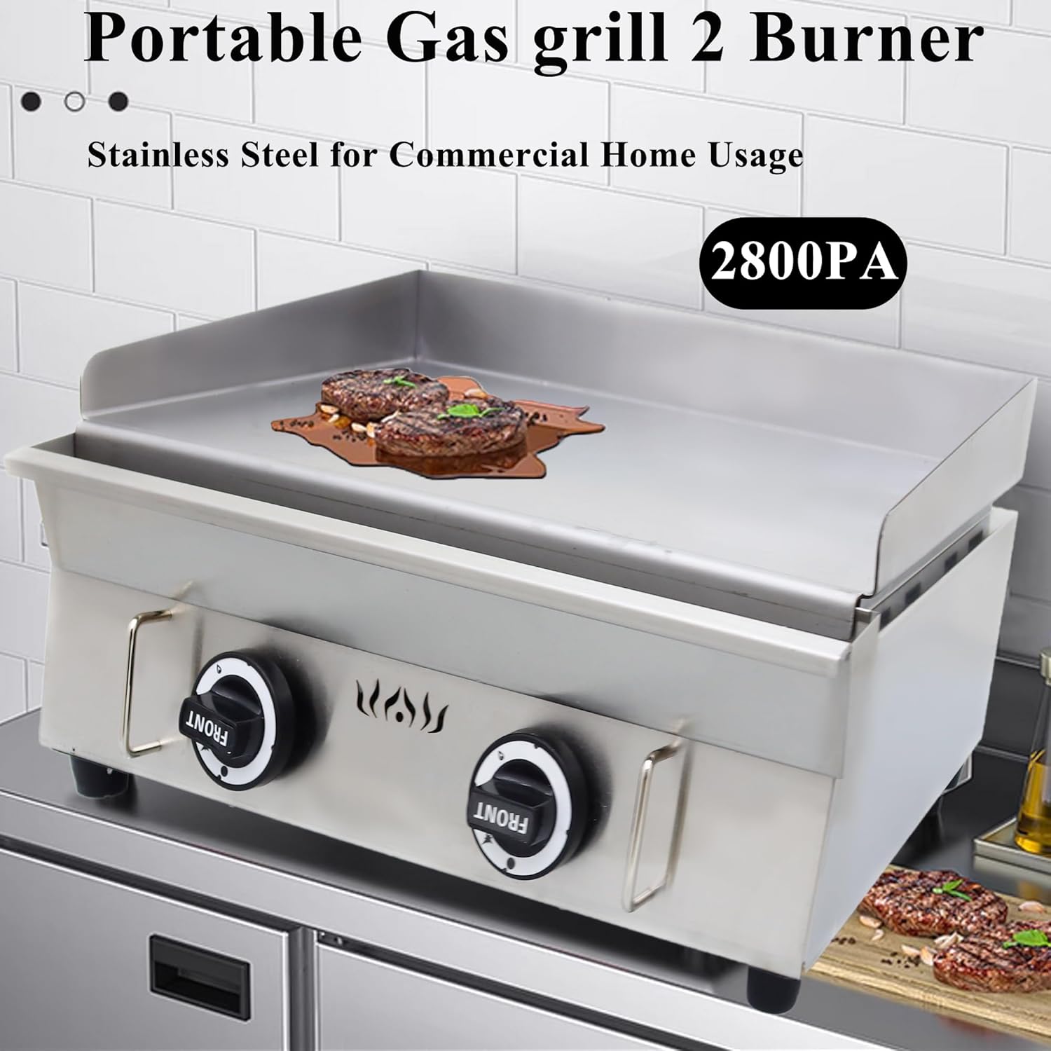 LPG Gas Grill Griddle 2 Burners Camp Countertop Stainless Steel Flat Cooking Grill 2800Pa Hot Plate Stove Outdoor Kitchen Pancakes Maker Machine with Adjustable Temperature Control