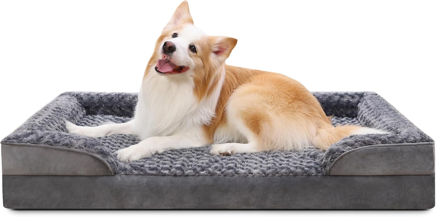 KSIIA Orthopädisches Hundebett für große Hunde, Bezug von Basis und Armlehnen, herausnehmbares, waschbares, wasserdichtes Futter, XL-Hundesofa, Hundekorb, erhöhte Kanten, rutschfeste Unterseite, Grau