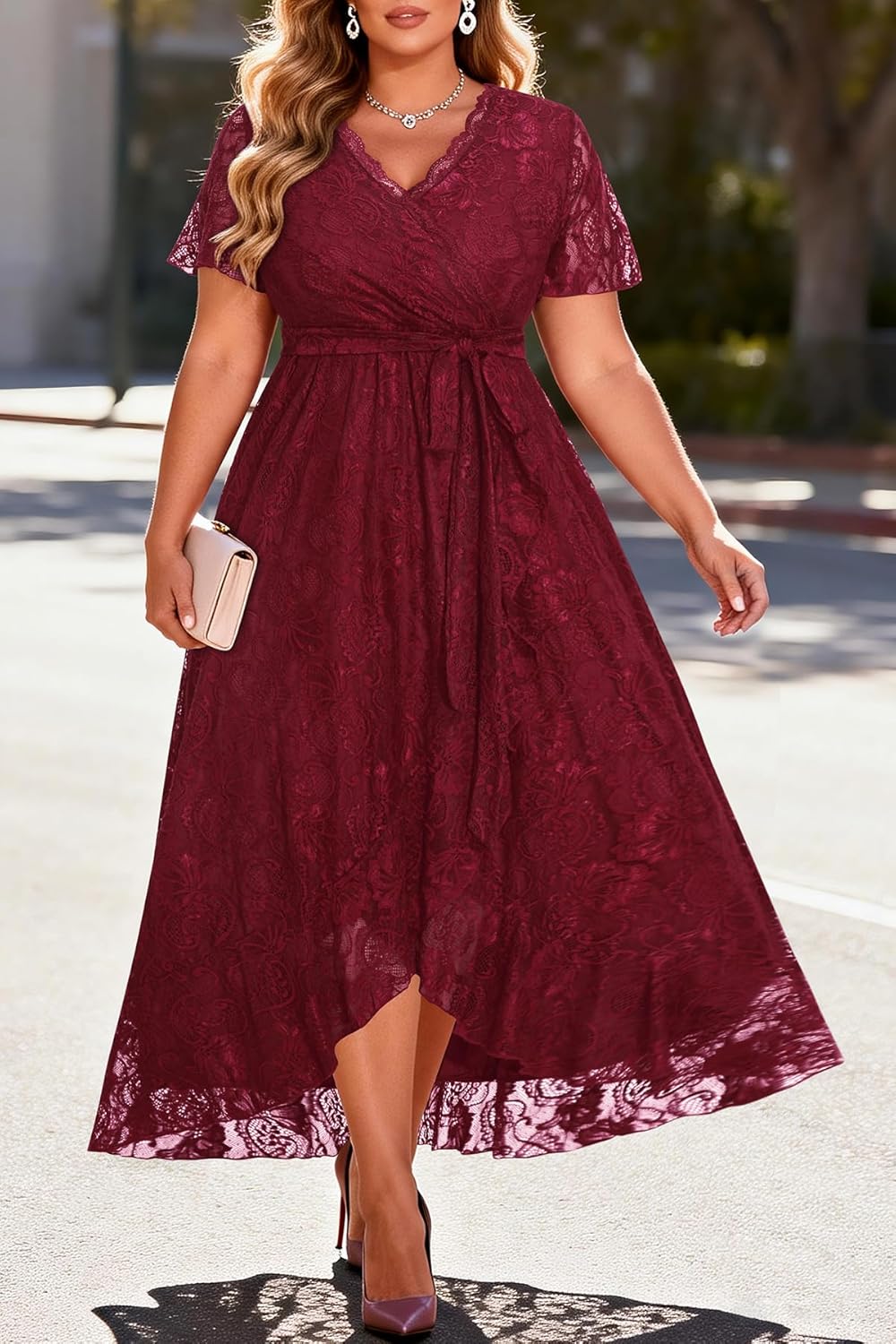 Plus Size Dresses Wedding Guest - Formal Cocktail Party Long Lace High Low Wrap V Neck Dress - Image 3