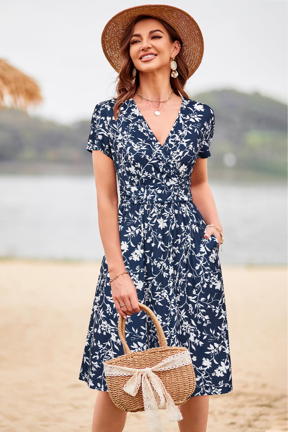 Newshows Robe d'été à manches courtes et col en V pour femme - Motif floral décontracté - Robe d'été mi-longue avec poches