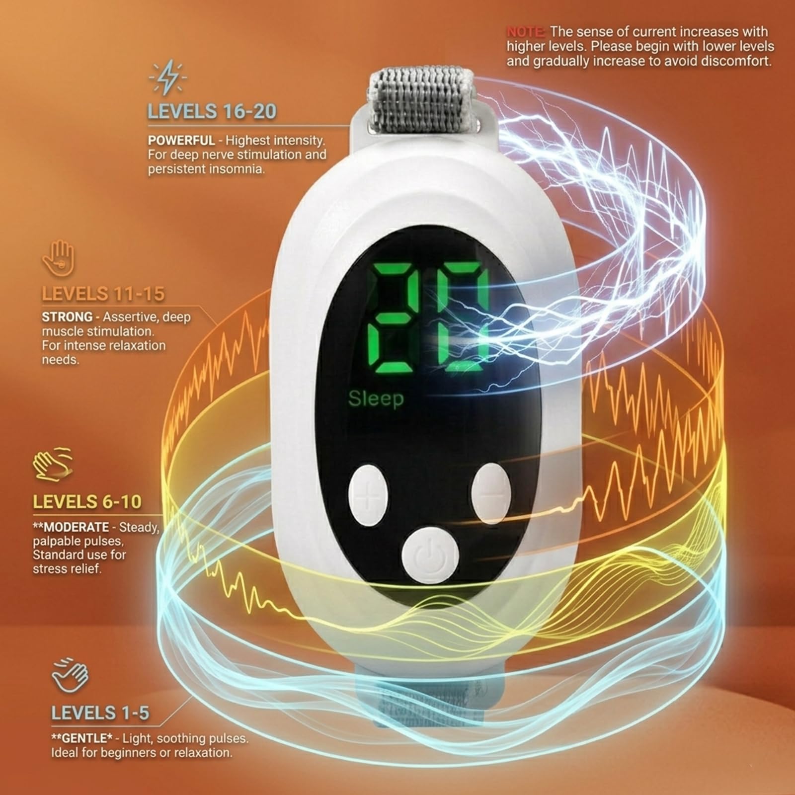 Tragbares EMS-Mikrostrom-Schlafgerät, 2 Modi mit 20 Intensitätsstufen, verstellbares 25-cm-Armband