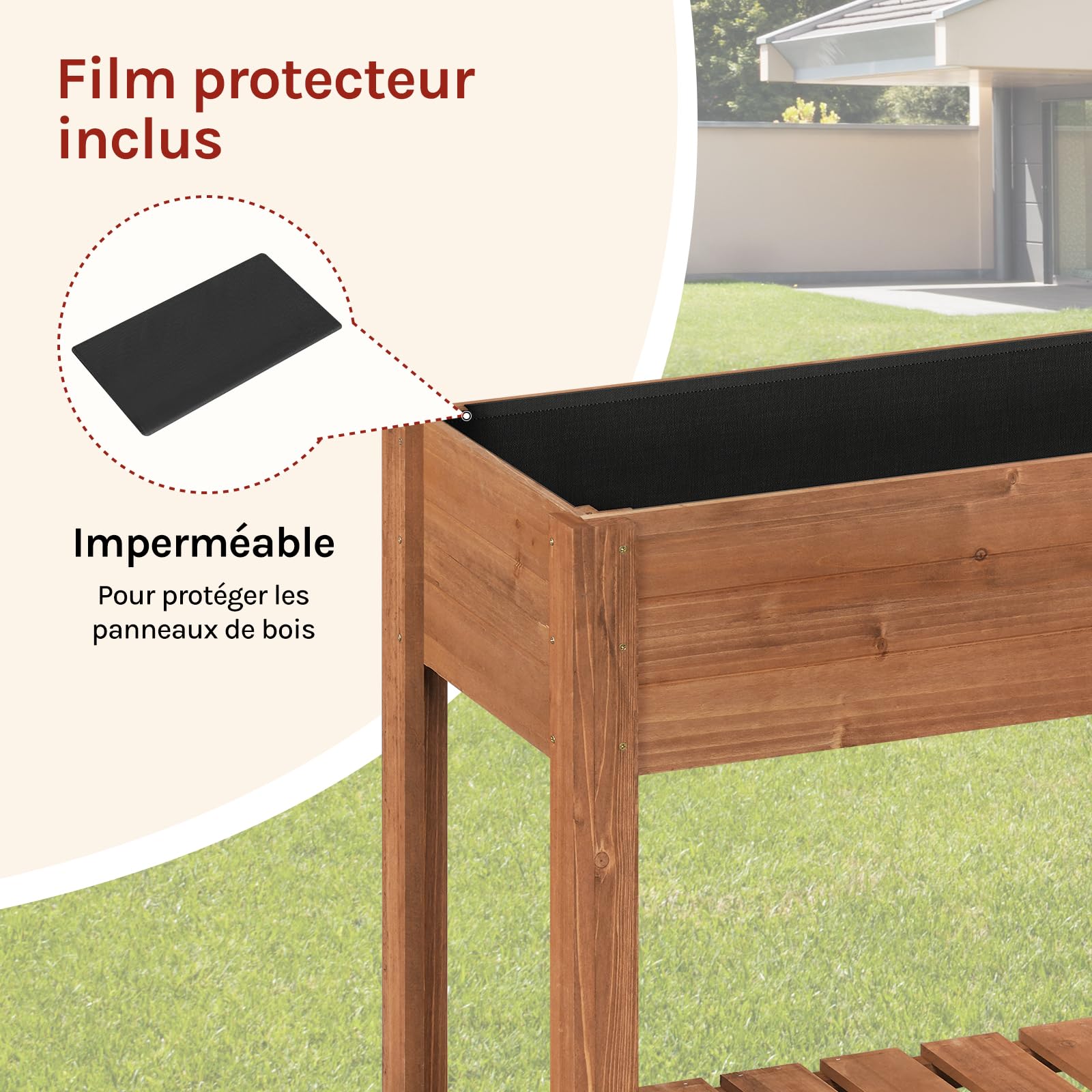 WOLTU Jadinière surélevée en Bois, 80x75x40 cm, Étagère avec Bac à Fleurs, Film Plastique, pour Légumes, Herbes Aromatiques, pour Balcon, Jardin, Terrasse, Intérieur, Extérieur, Brun