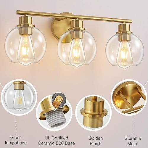 Miniatura 4 de Lámparas de baño, 3 luces doradas de baño, aplique de pared industrial sobre el espejo, lámpara de tocador de baño con pantallas de cristal, luces