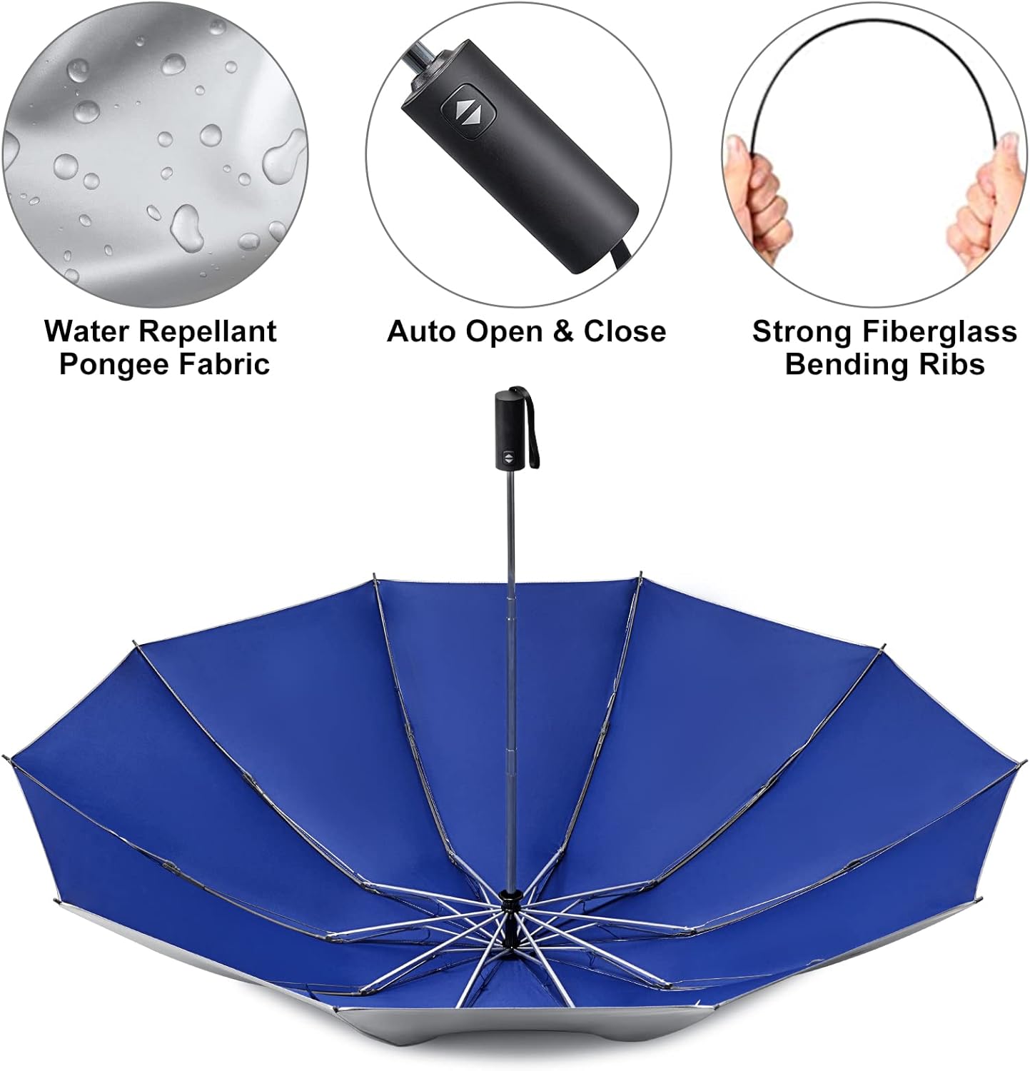 G4Free UPF 50+ UV Protection 54 Inch Large Reverse Travel Umbrella, 10 Ribs Windproof Compact Sun Blocking Inverted Car Umbrellas Automatic Open Close (Blue/Silver) - Image 5