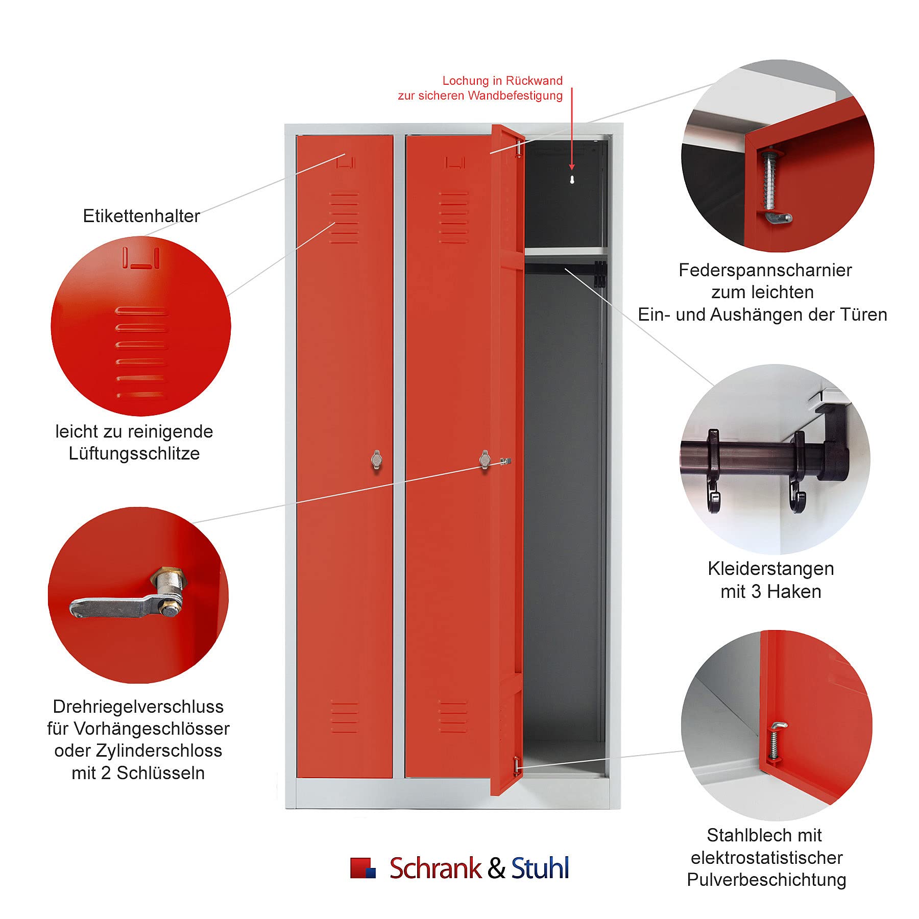 Schrank & Stuhl Spind – Metallspind mit 3 Abteilen in 180 x 90 x 50 cm, Schließfachschrank mit Hutboden & Drehriegelverschlüssen, Lieferung komplett montiert, Grau/Rot