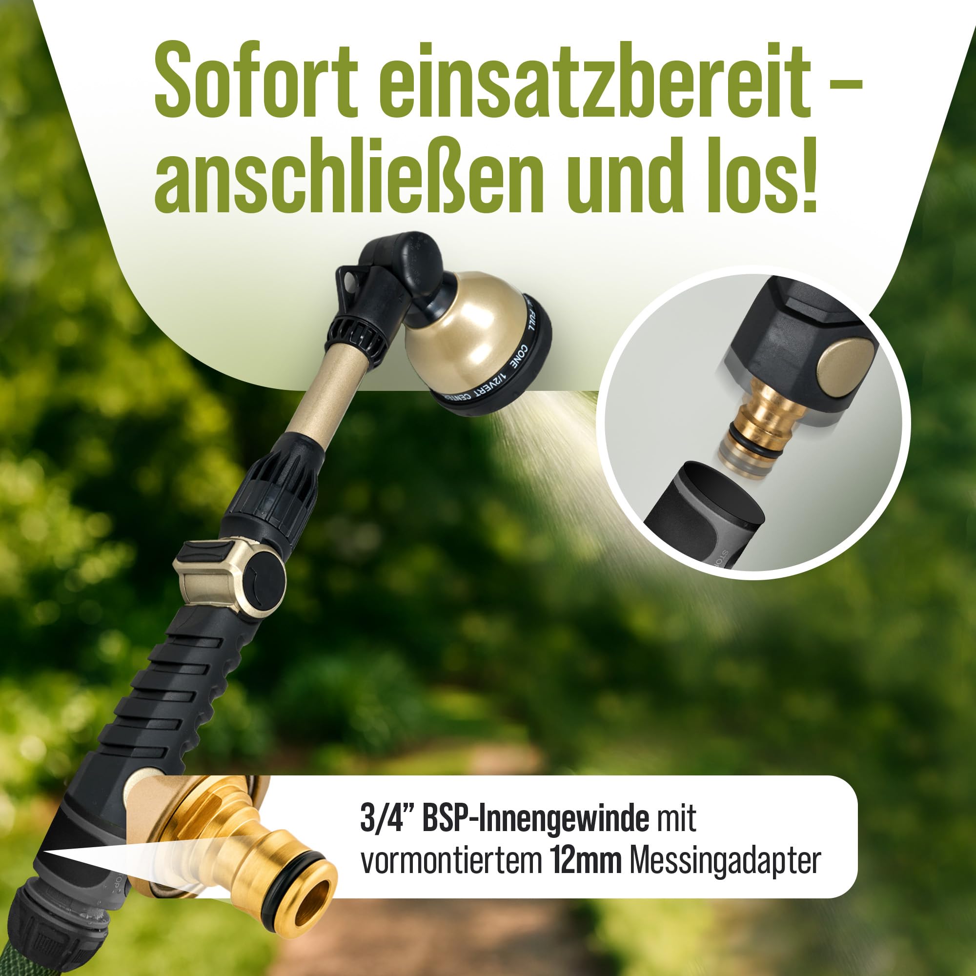 rainfactory Gießstab für Garten [10 Sprühmodi] Metall-Brausestab, langer Aluminium Comfort-Stab | Gartenbrause mit Messingadapter für schnelle Befestigung | Multibrause für Blumendusche & Beete