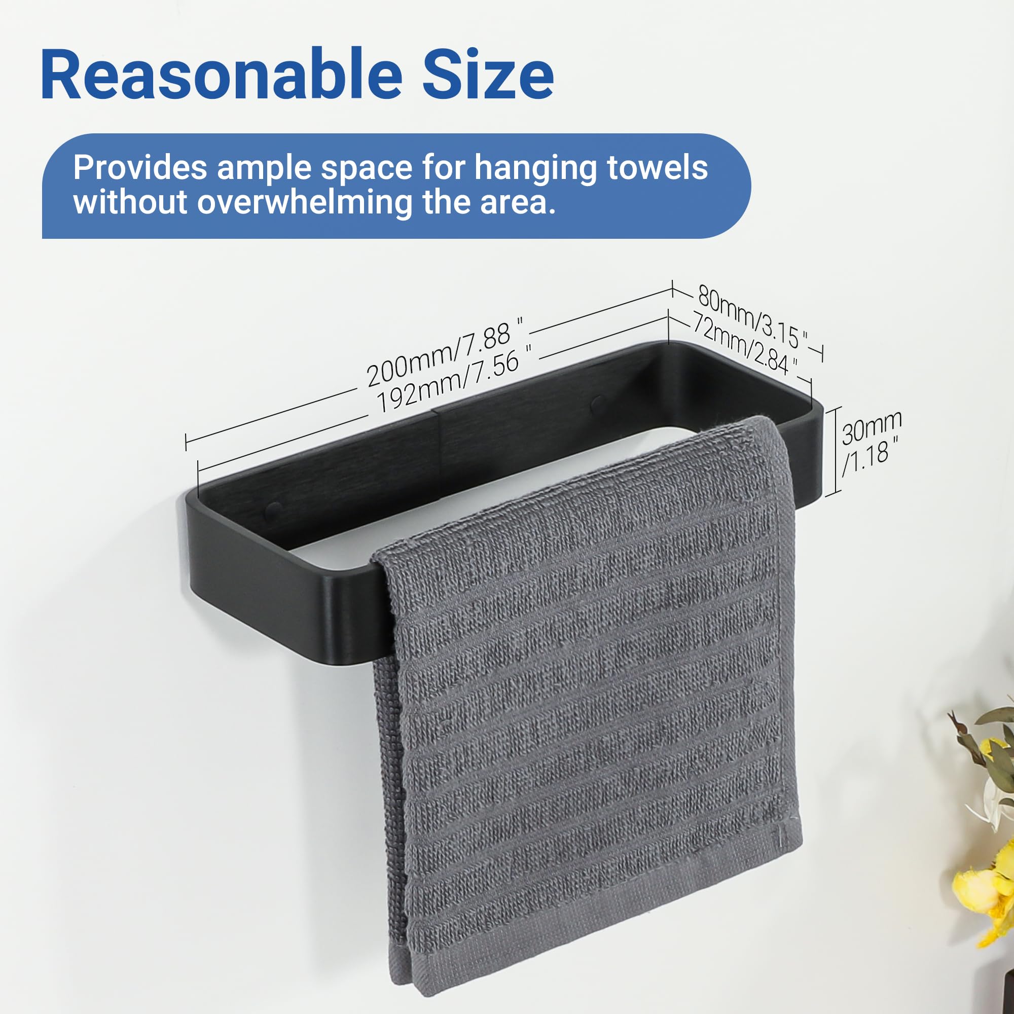 SAYAYO Self Adhesive Towel Holder - 8 Inch Black Towel Rack For Bathroom & Kitchen