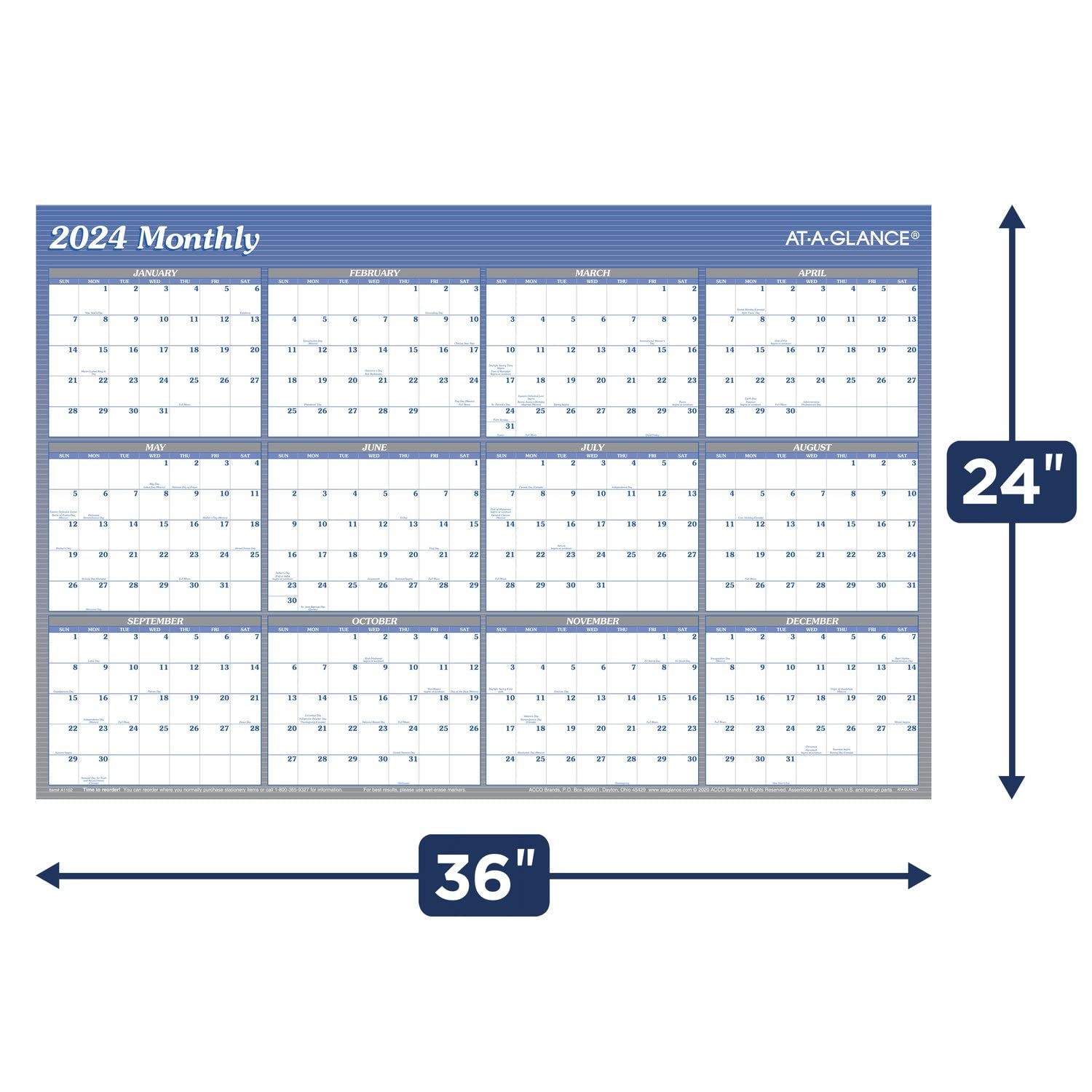 AT-A-GLANCE Calendario da parete 2024, 91,4 x 61 cm, grande, cancellabile, annuale, verticale, orizzontale, reversibile (A1102-24)