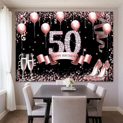 Miniatura 4 de Sensfun Telón de fondo de oro rosa con la frase "Happy 50th Birthday" para mujer, globos de diamantes con purpurina, tacones altos, fondo de