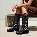 DREAM PAIRS Bottes de moto à haute boucle de genou pour femmes Bottes à moto à talons ronds à talon moyen Bottes d'équitation