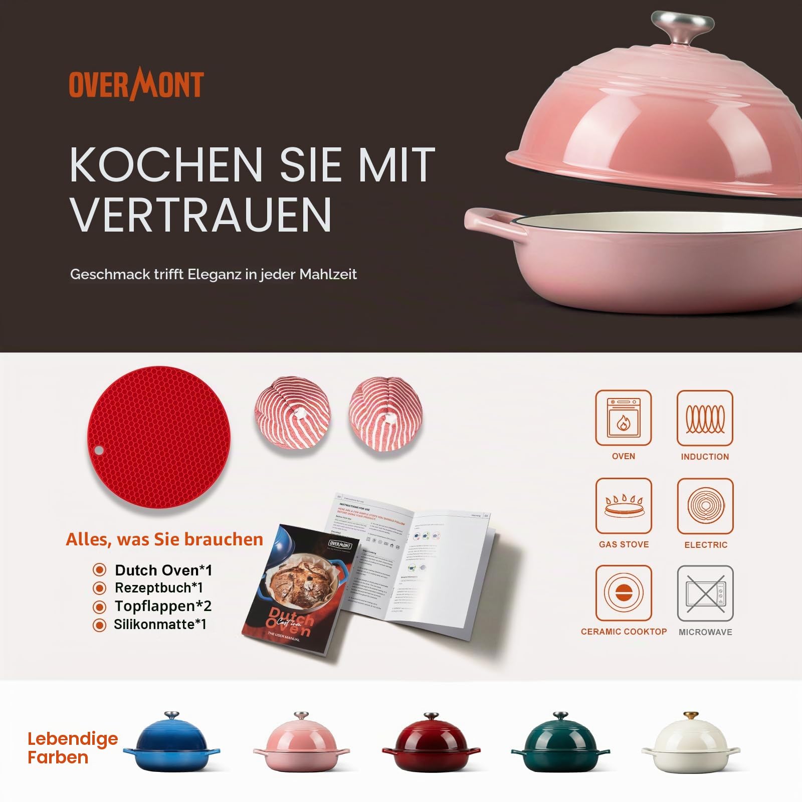 Overmont Gusseisen Topf Emaille Brotbacktopf - 5.7L Bräter Schmortopf mit Deckel und Kochbuch – für Küche Backen Schmoren Braten - Rosa | Hoher Brottopf mit Topflappen, für Sauerteigbrot Backen Handwerkerbrote, knusprige Kruste & bessere Ofenfeder, 260°C