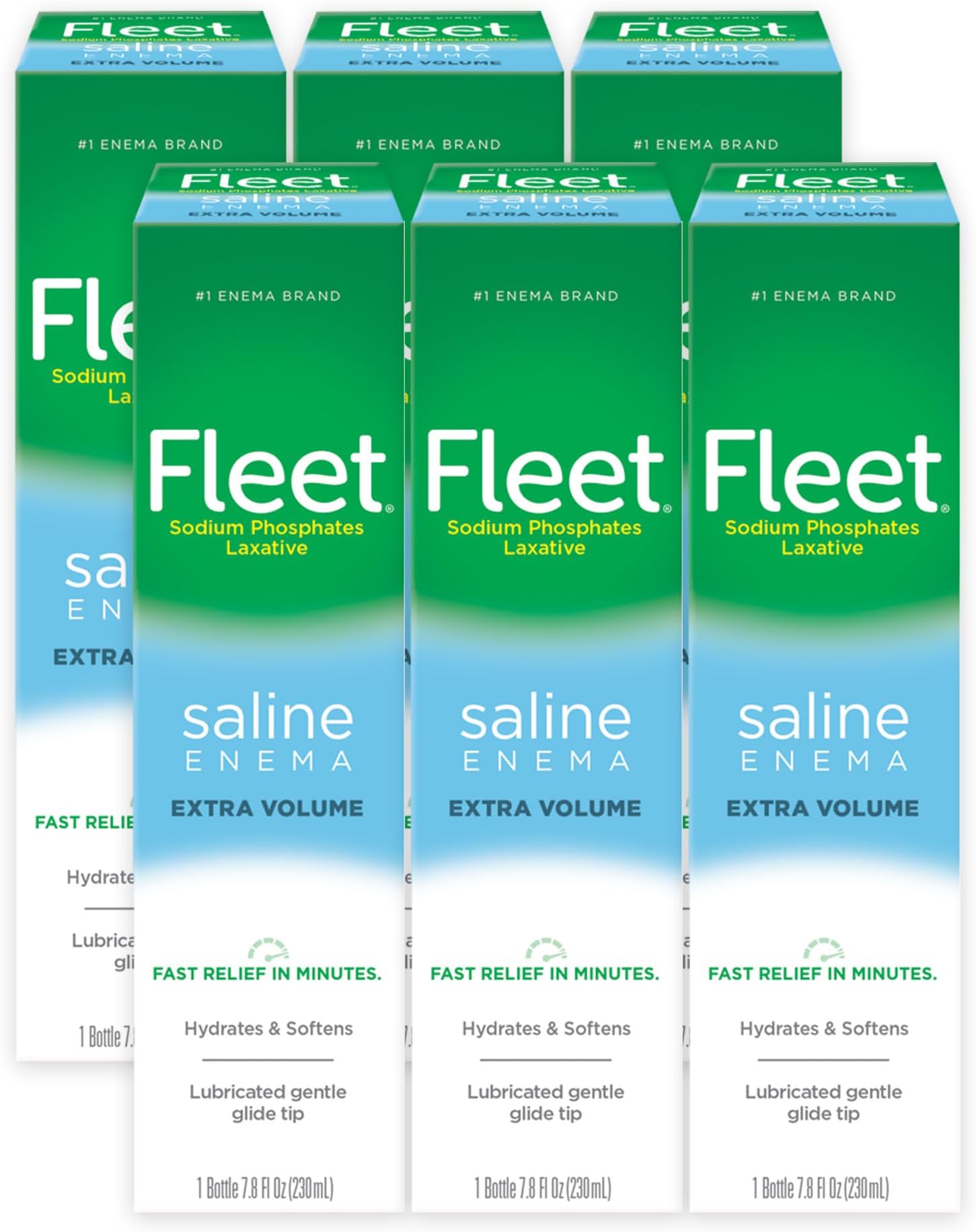 Fleet Laxative Saline Enemas for Constipation Relief for Adults, Extra Volume, 7.8 Fl Oz Each, Pack of 6 Bottles