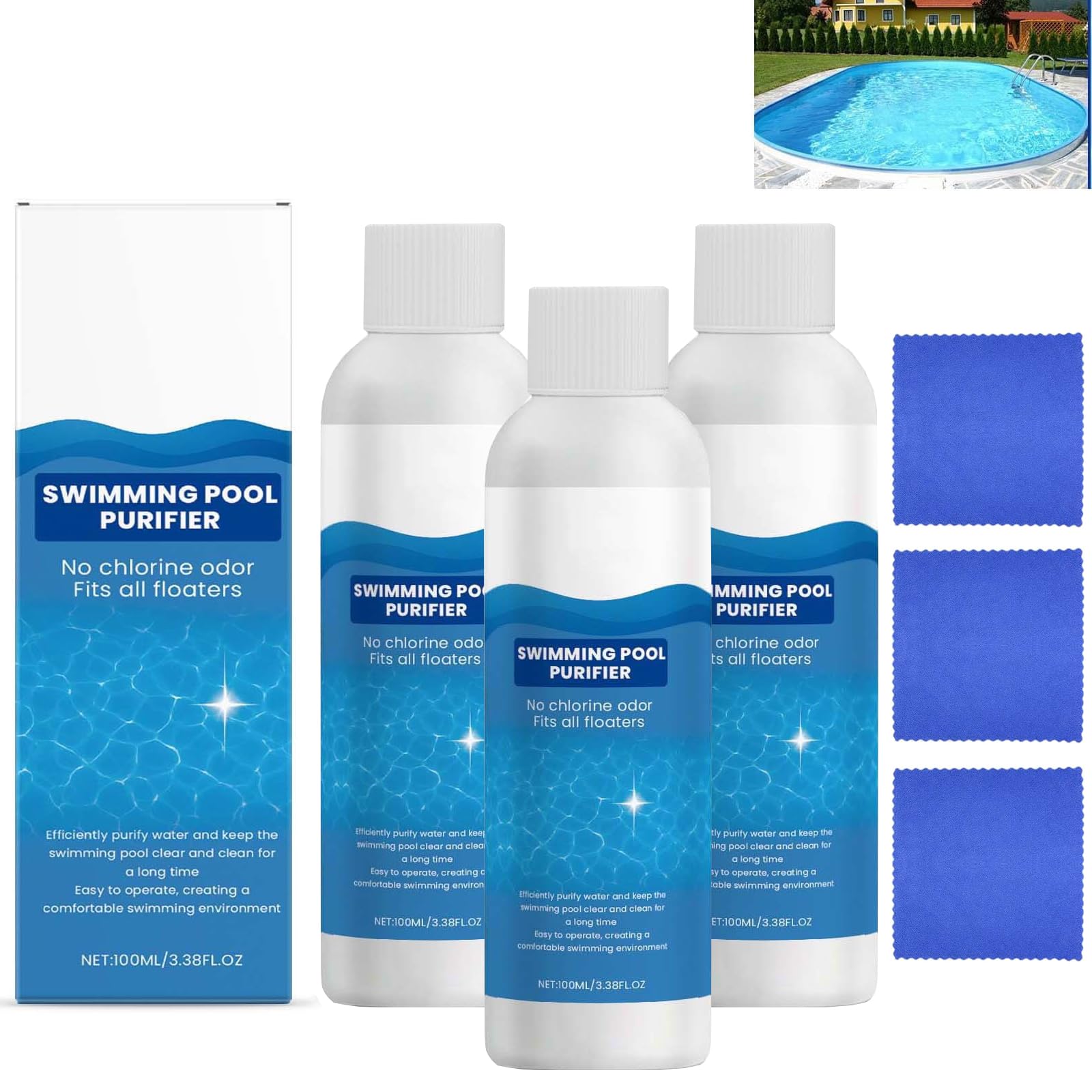 Swimming Pool Purifying Liquid, Pool Cleaner, Pool Clarifier, Pool Cleaning Kit, Keeps Water Crystal Clear and Removes Cloudiness for Inground Pools and Above Ground Pools (3PCS)
