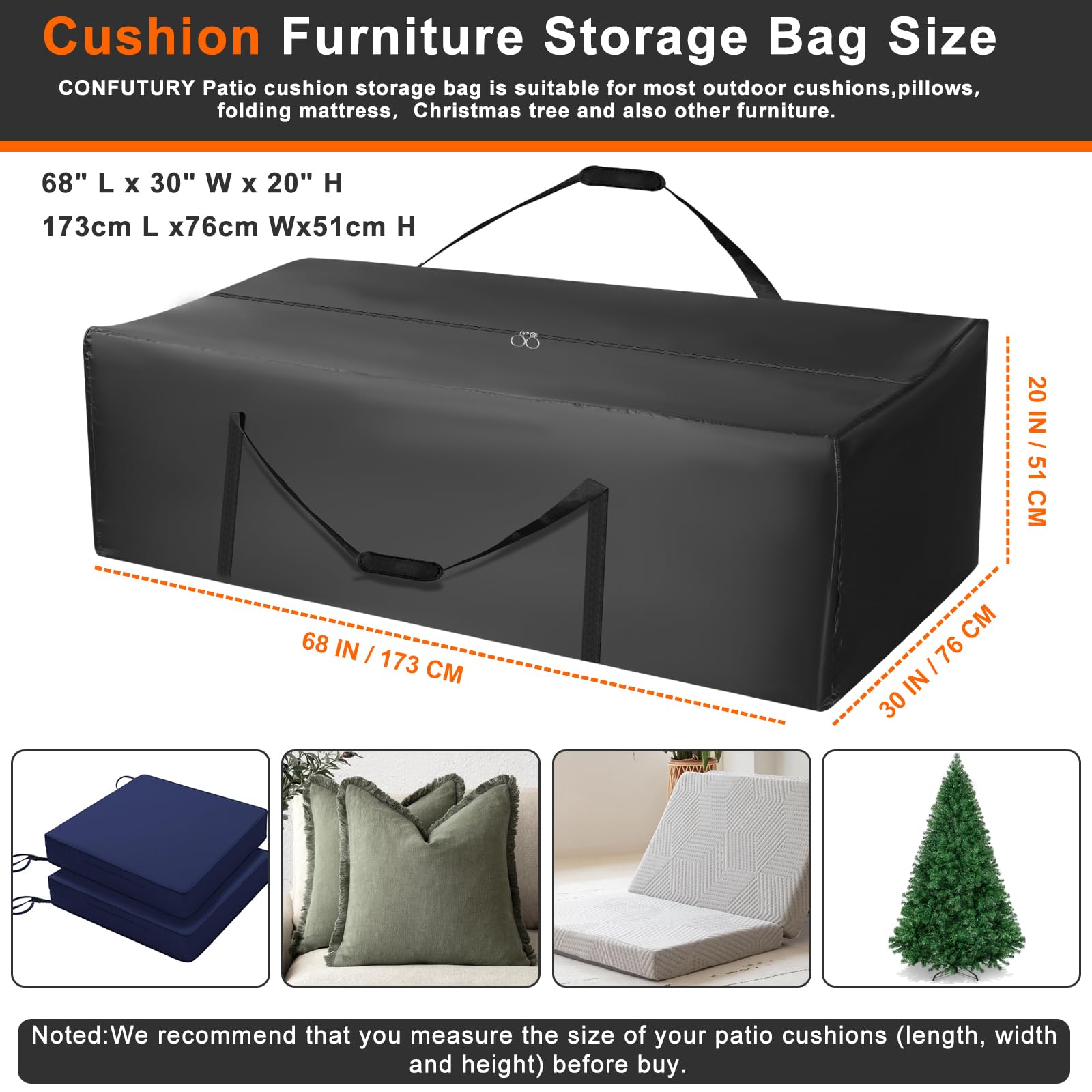 Grande borsa portaoggetti per cuscini da patio, resistente, con cerniera 420D, con cerniera e manici, per mobili da patio, cuscini esterni, borse multiuso jumbo, 172 cm di lunghezza x 76 cm di