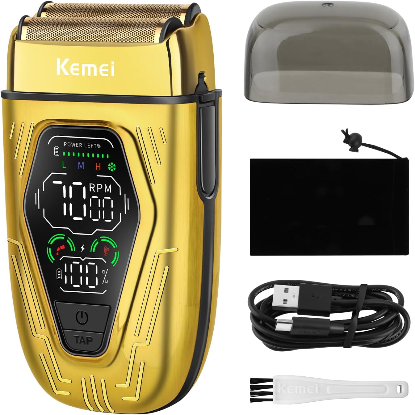 KEMEI KM-T360 Professional Foil Shaver, Barber Shaver with LED Display, Electric Razor for Men USB-C Rechargeable, Wet & Dry Electric Shaver with Detachable Dual Blades
