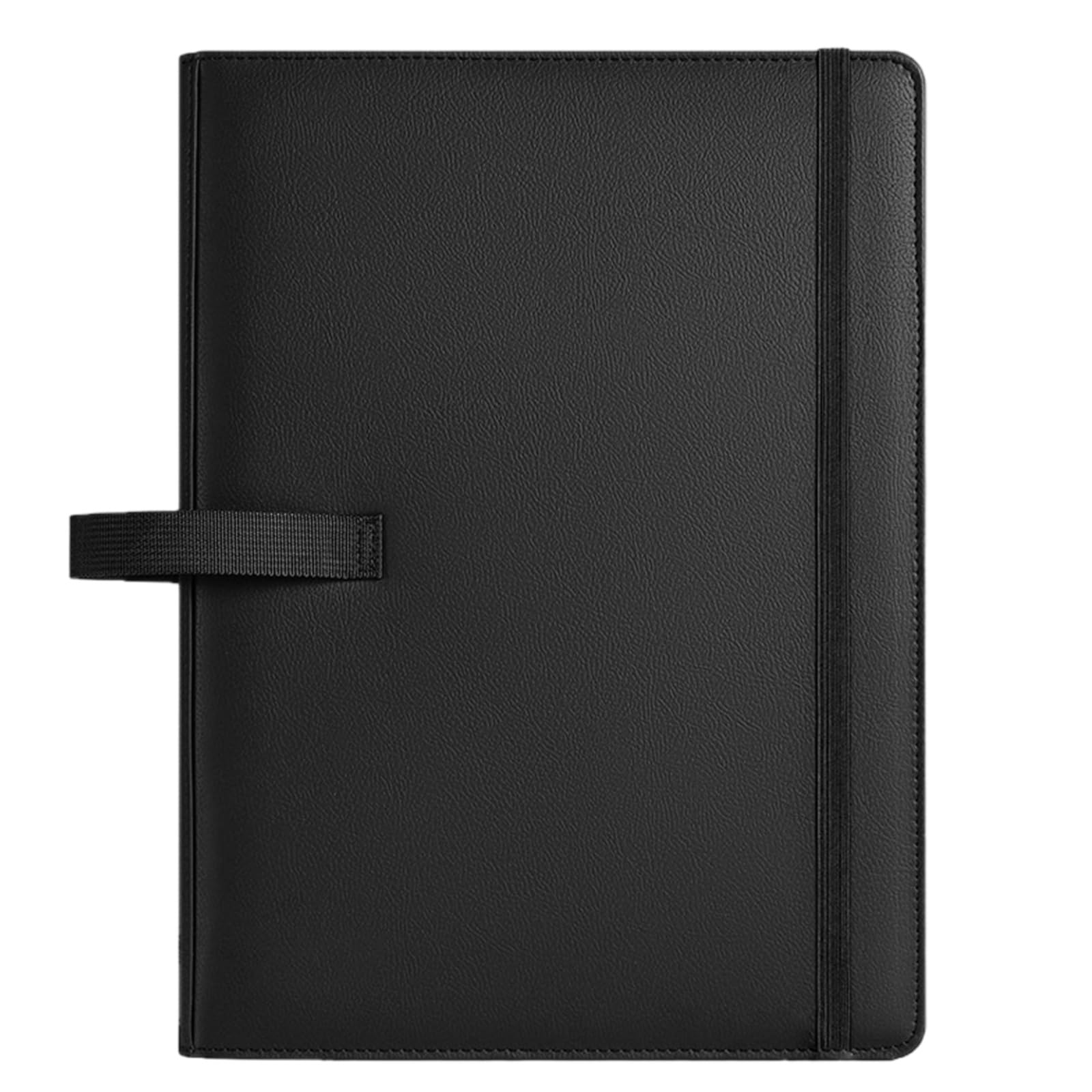 Raccoglitore A4 in pelle nera a tre anelli con design multitasche e chiusura elastica, pratico per appunti, contratti e documenti