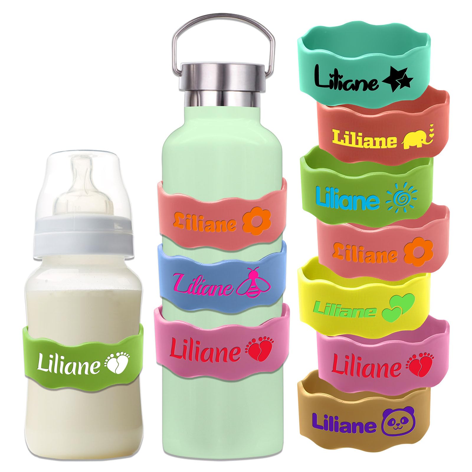 Custom Baby Bottle Labels for Daycare Silicone Water Bottle Name Bands Personalized Reusable Baby Bottle Straps for Kids Cups School(Green)