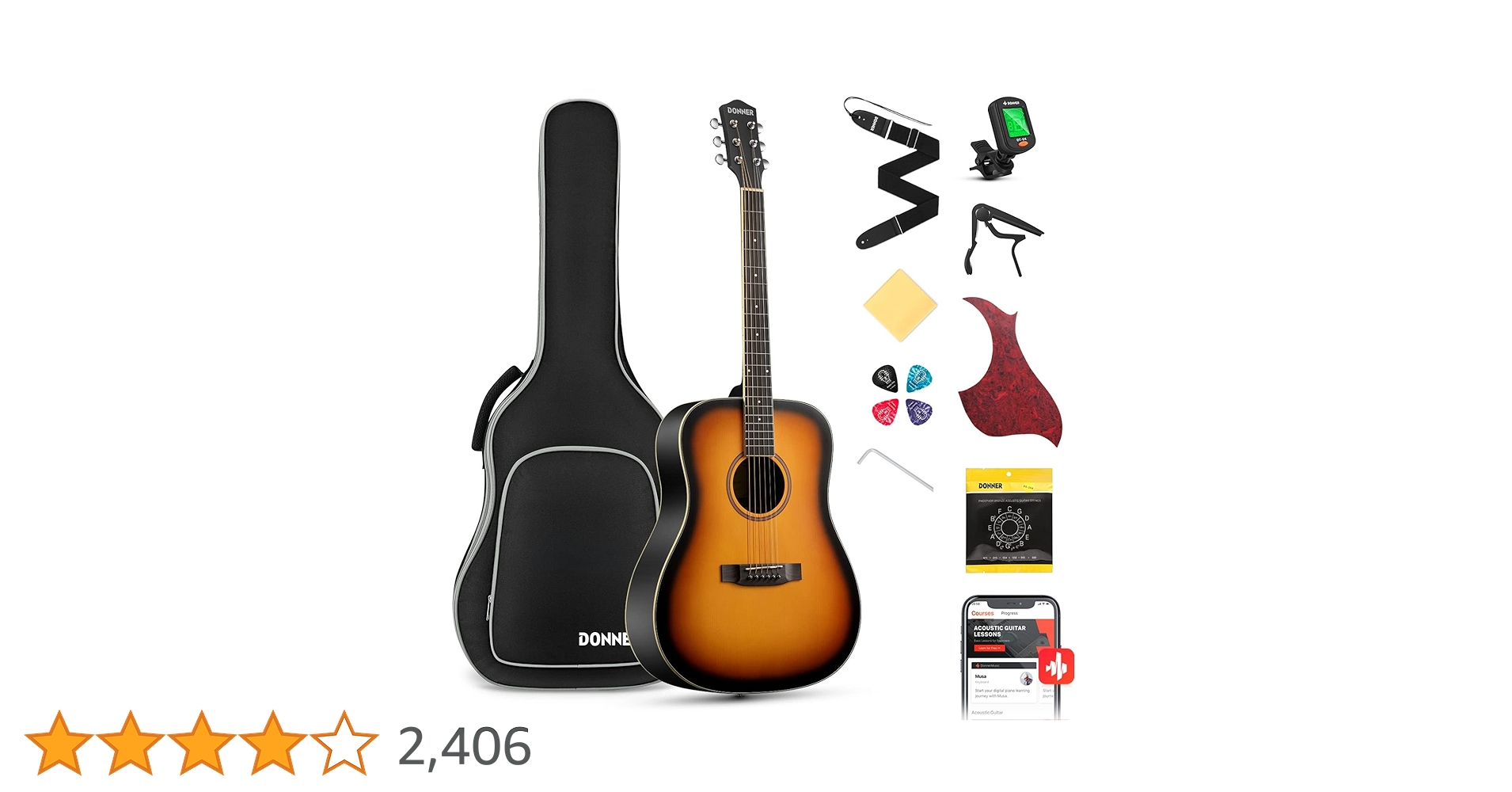 美品◎Donner アコースティックギター DAG-1S サテンサンバースト Amazon | Donner アコースティックギター 初心者セット 41インチ
