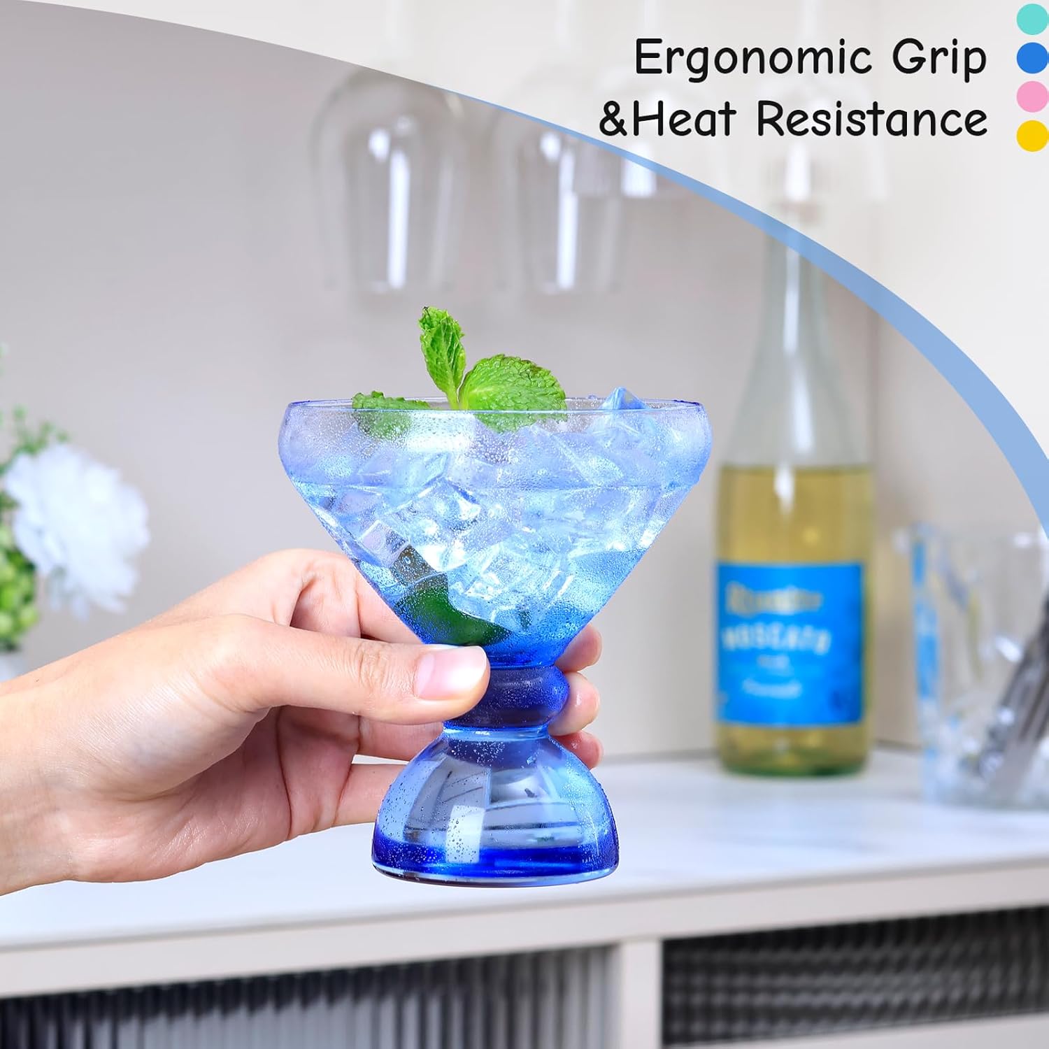 NUTRIUPS Hand-made Stemless Martini Glasses, Blue Heavy-duty Solid Glass Base Cocktail Glasses, 7oz Aroma-Locking Rim Glasses for Home Bar Party Gifts