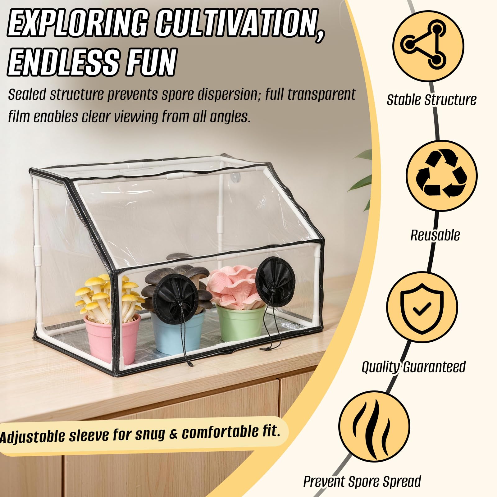 Kit de Culture de Champignons, Tente Transparente de Champignons avec Lampe | Chambre de Culture avec 2 Ouvertures pour les Mains, Thermomètre Hygromètre, 2 Pulvérisateurs et Gants, Serre Intérieure