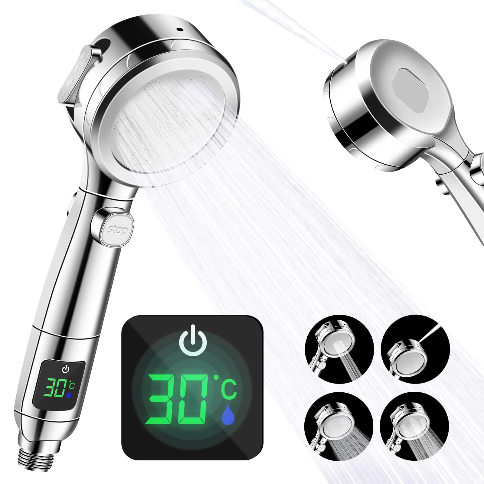KASTWAVE Shower Head, Water-Saving Shower Head with Pressure Increase, 4 Jet Settings, Universal Large Energy Shower Head, Temperature Display, One-Button Pause Switch