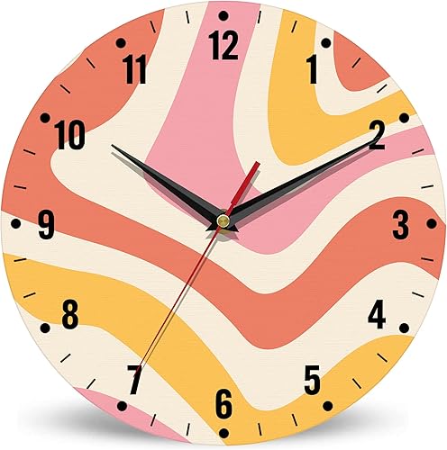 Miniatura 1 de SPUNKER Reloj para dormitorio, reloj de pared de olas coloridas que funciona con pilas, 10 pulgadas, reloj redondo retro de los años 70, silencioso,