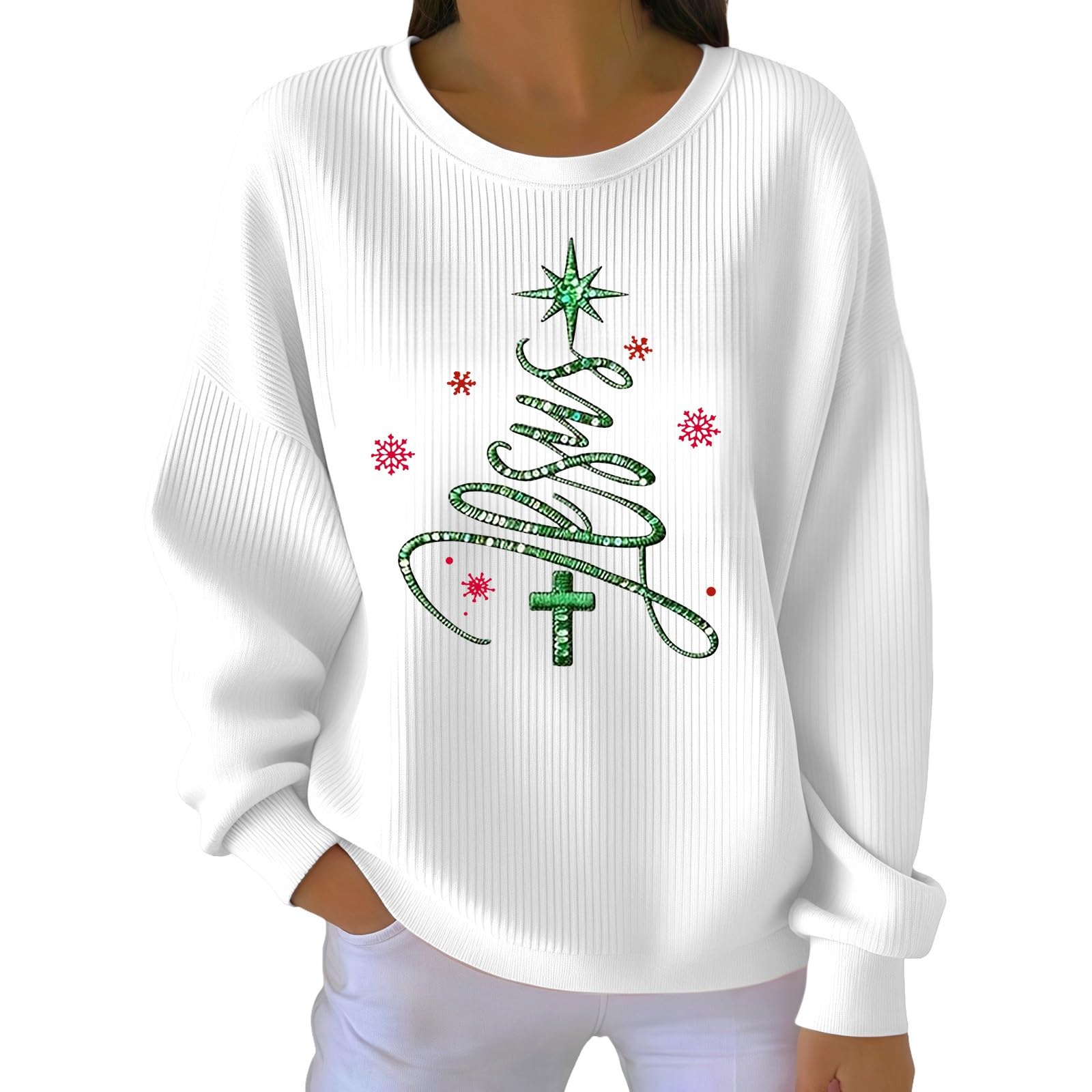Christmas Sweatshirts Womens Jesus Christmas Tree Tops Begins with Christ Shirt Christian Religious Faith Pullover