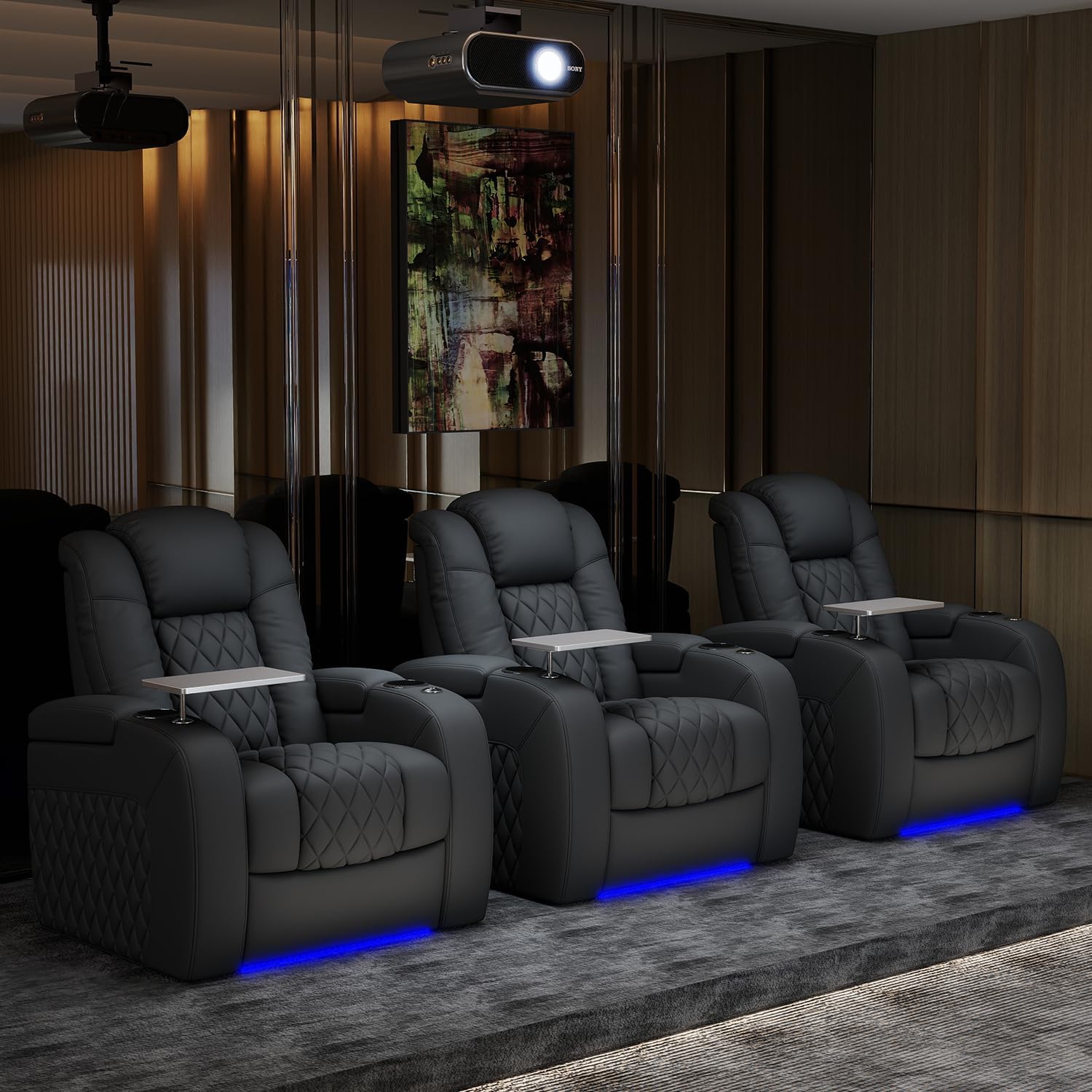 PBRO Home Theater Seating Top Grain Leather, Movie Theater Seats for Home, 3 Set Black Recliner Sofa with Power Reclining & Headrest USB Charging Ports Cup Holder Ambient Lighting