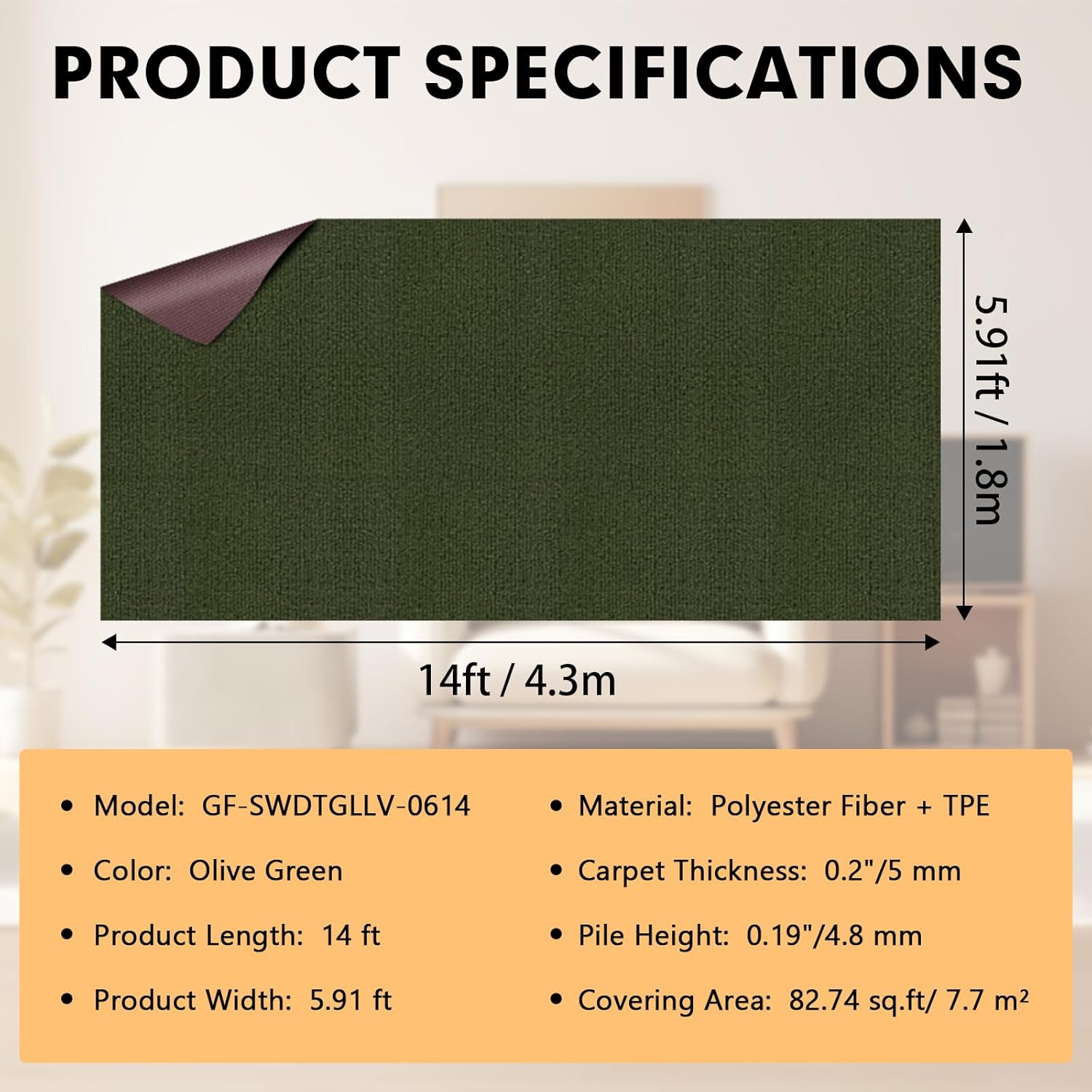 Grefinity Marine Carpet,6 FT x 14 FT Olive Green Indoor Outdoor Carpet 0.2" Thick with Water-Proof TPE Backing, Non-Slide for Home, Patio, Porch, Deck