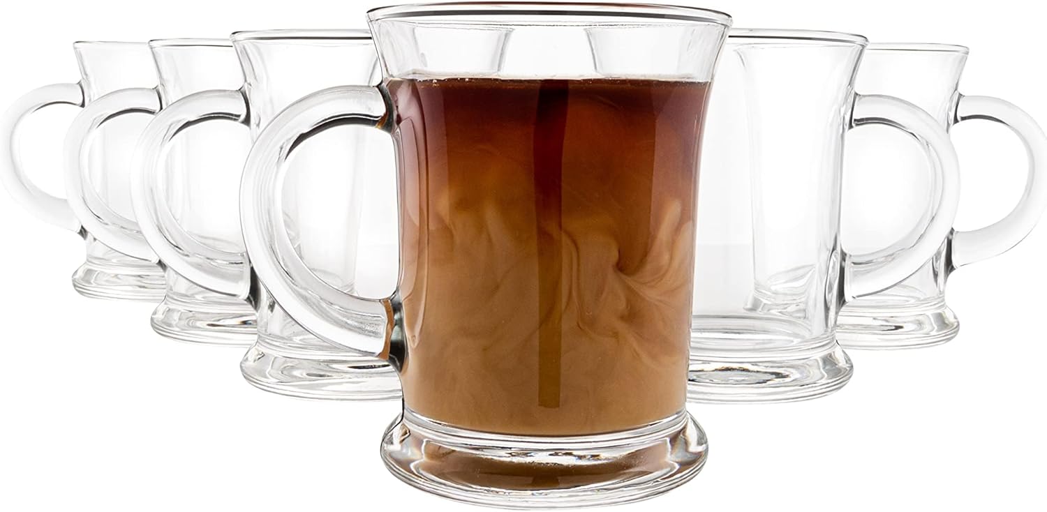 Vikko Glass Coffee Mugs Aroma Collection 13 Ounce Thick and Durable Wide, Set of 6 Heavy Base Dishwasher Safe Large Glass Coffee Cups