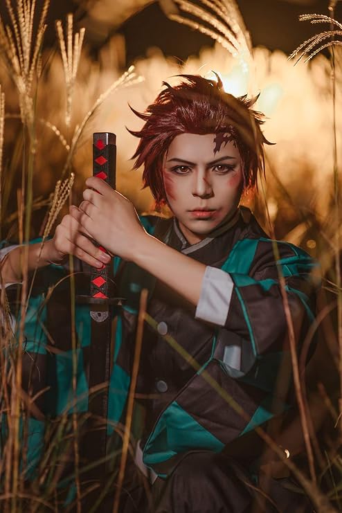 Nuoqi Tanjiro Cosplay Wig Tanjirou Kamado Wig Mens Anime Short Red Cosplay Wig