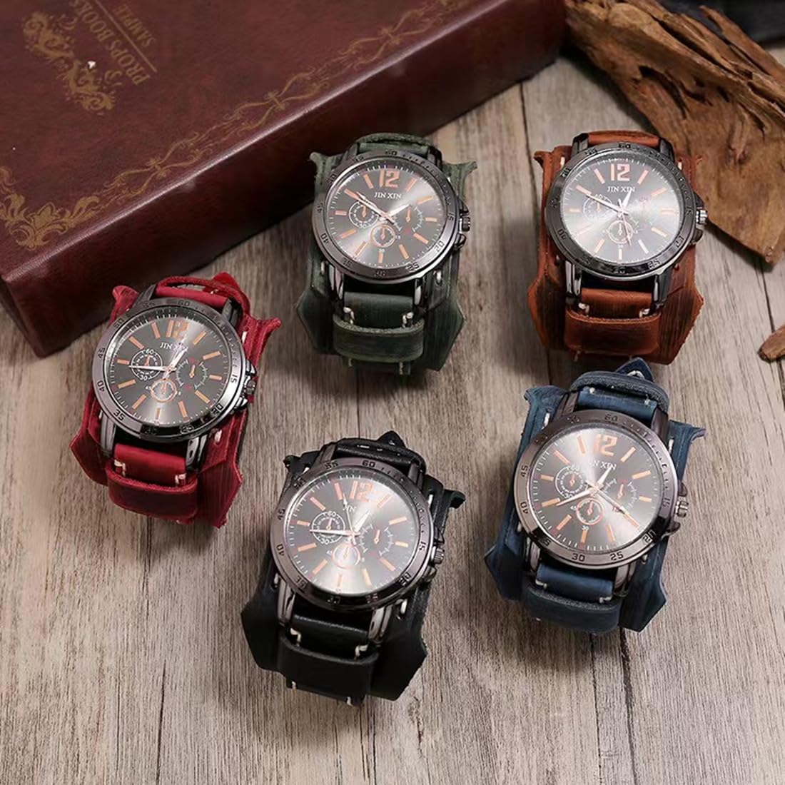 MINILUJIA Reloj de pulsera para hombre cosido a mano con cuerda de cera, vintage, punk, hiphop, gótico, ancho, de cuero, redondo, cuarzo, esfera grande, negro y marrón