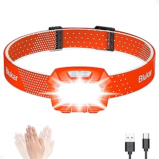 Headlamp Rechargeable, Blukar Super Bright COB Headlamp Headlight with Motion Sensor Control&Red Lights, 6 Light Modes, IPX5 Waterproof, Lightweight Headlamp for Work, Power Cuts, Emergency-Tangerine