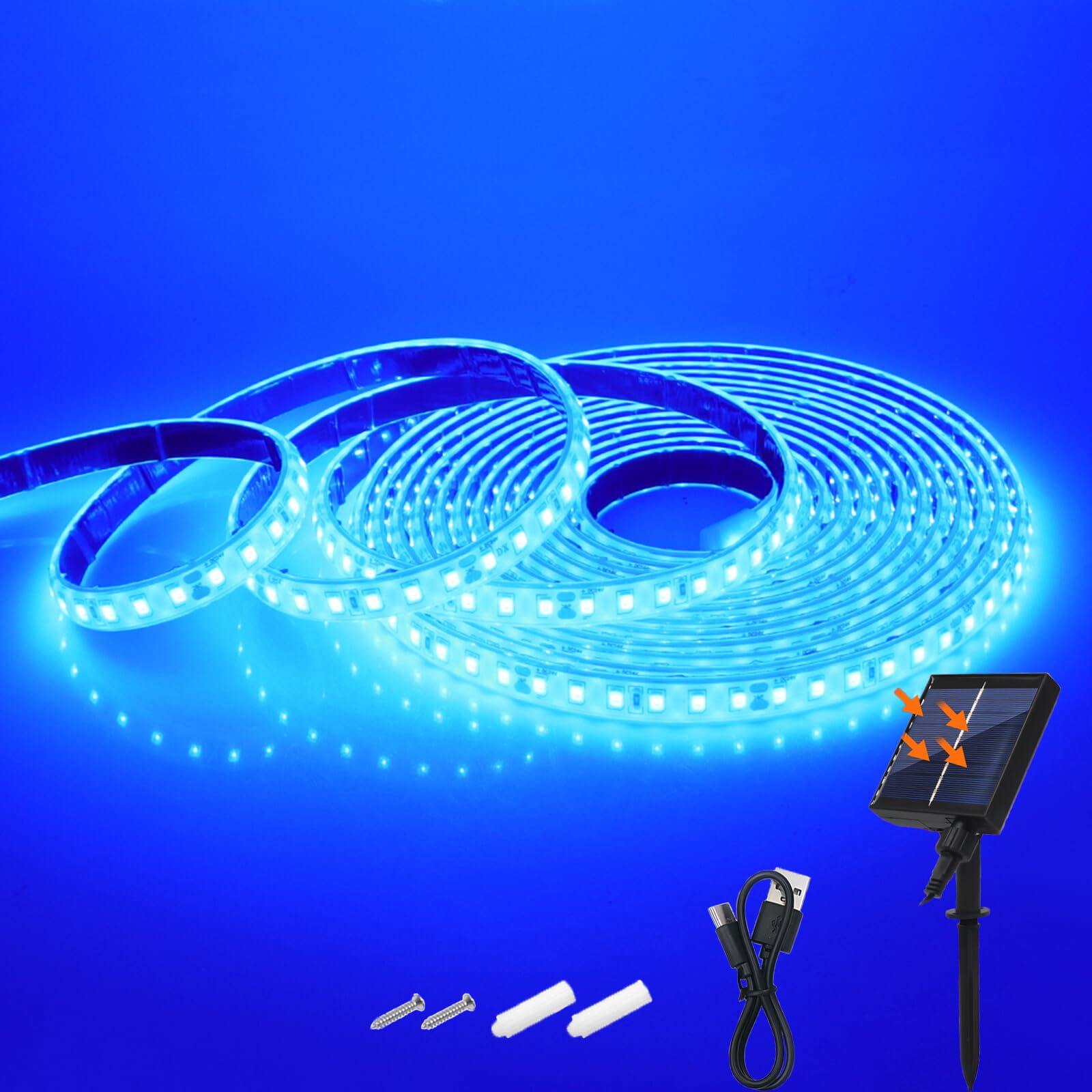 KAFULA 24V 8 Mode Solar Strip Light [2m,Blue],IP68 Waterproof,1200MAH Solar Powered Flexible LED Rope Light CRI85+,Bedroom Garden Balcony Decorative Lighting