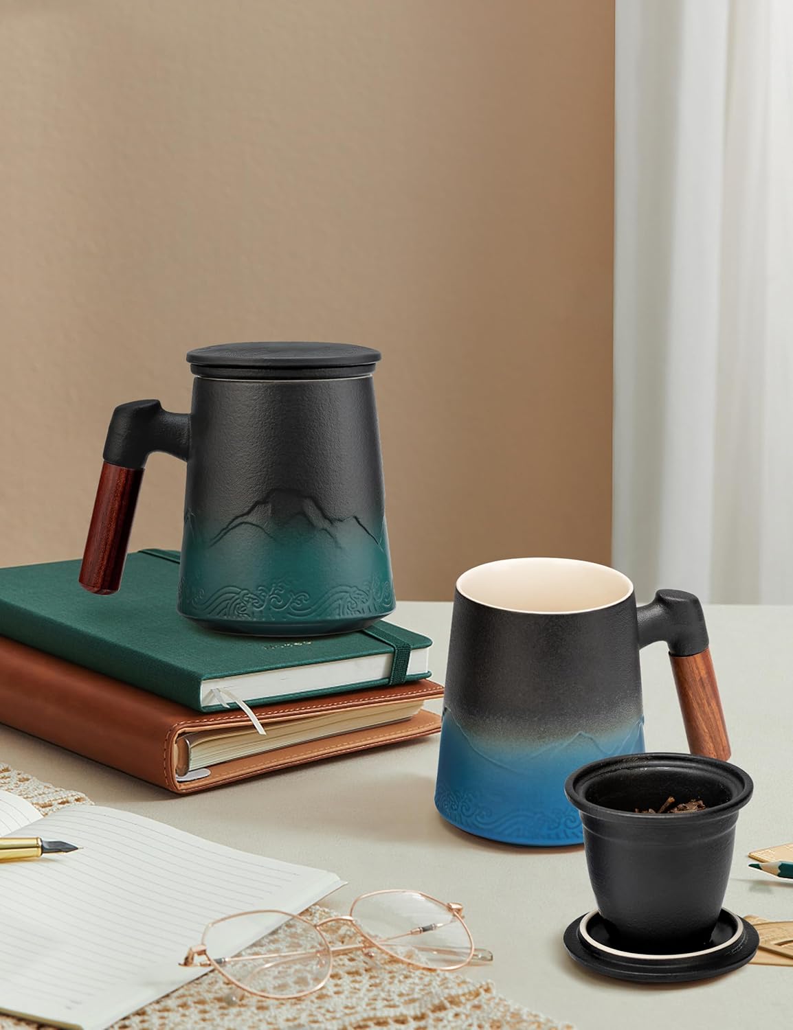 suyika Tea Cup with Infuser and Lid, 15.2 Ounce Wood Handle Ceramic Loose Leaf Mug Gradient Black&Blue 450ml - Image 8