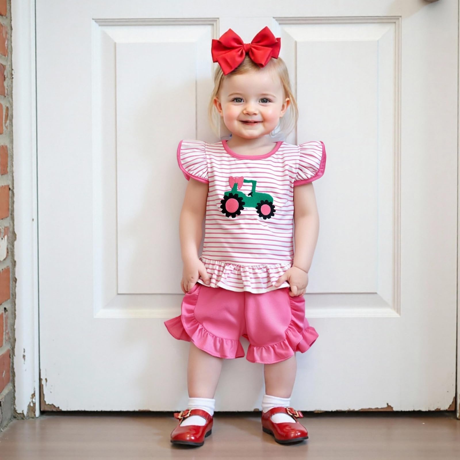 Mobbdow Toddler Baby Girl Farm Outfit Tractor Embroidery Stripe Flutter Sleeve Shirt Tops Ruffle Shorts Set Summer Clothes (Pink, 12-18 Months)