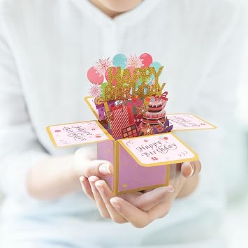 Fushing 3D Pop Up Birthday Card - Sweet Birthday Box Greeting Card Box with Blank Message Card & Envelope, Unique Handmade Scrapbook for Wife, Women, Men, Kids, Daughter, Son, Mom, Dad, Friend (Pink)