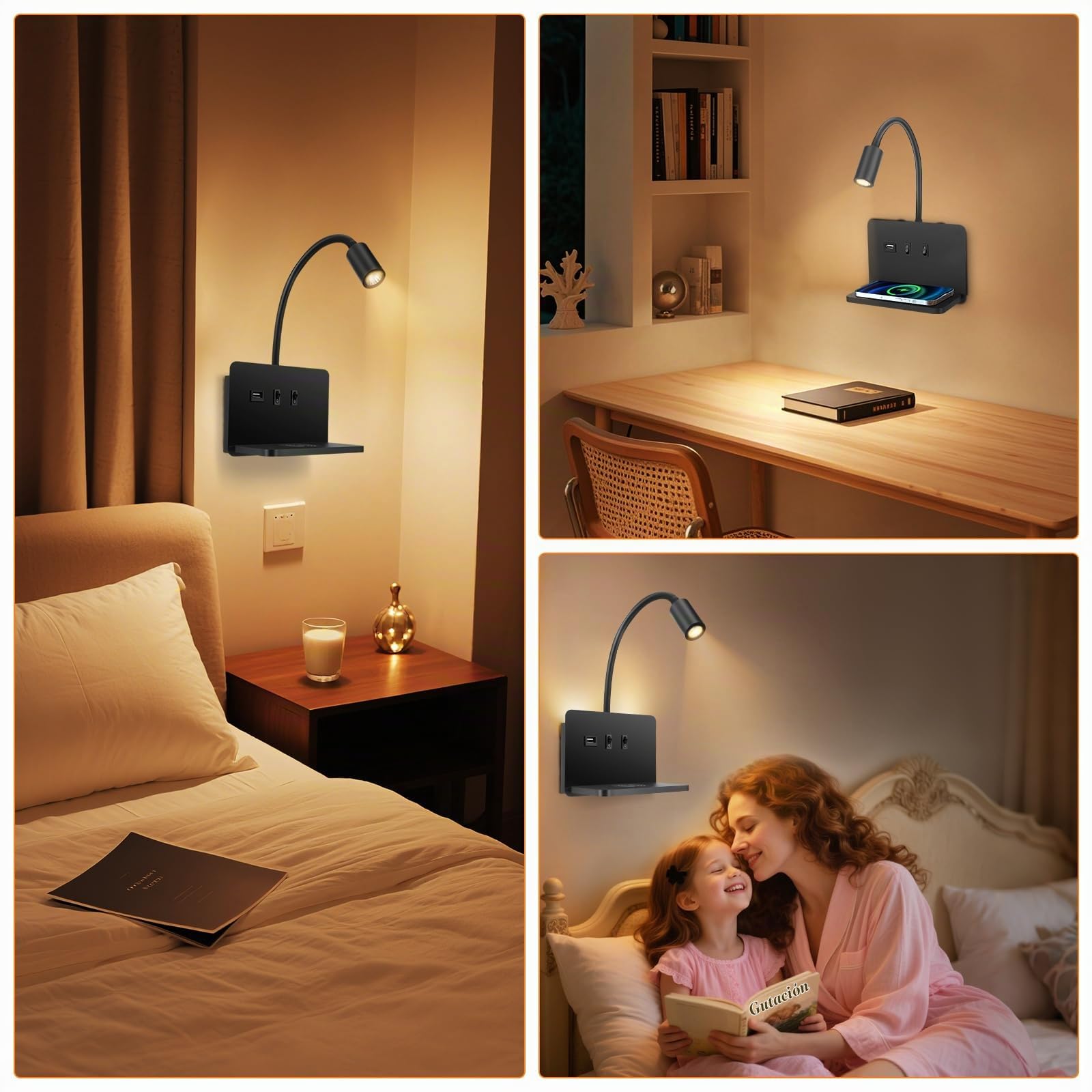 luz de lectura pared con Puerto de Carga USB y Carga inalámbrica, Lámpara de pared LED 3W + 9W 3000K, Regulable Iluminación Ambiental de Dormitorio (Negro)