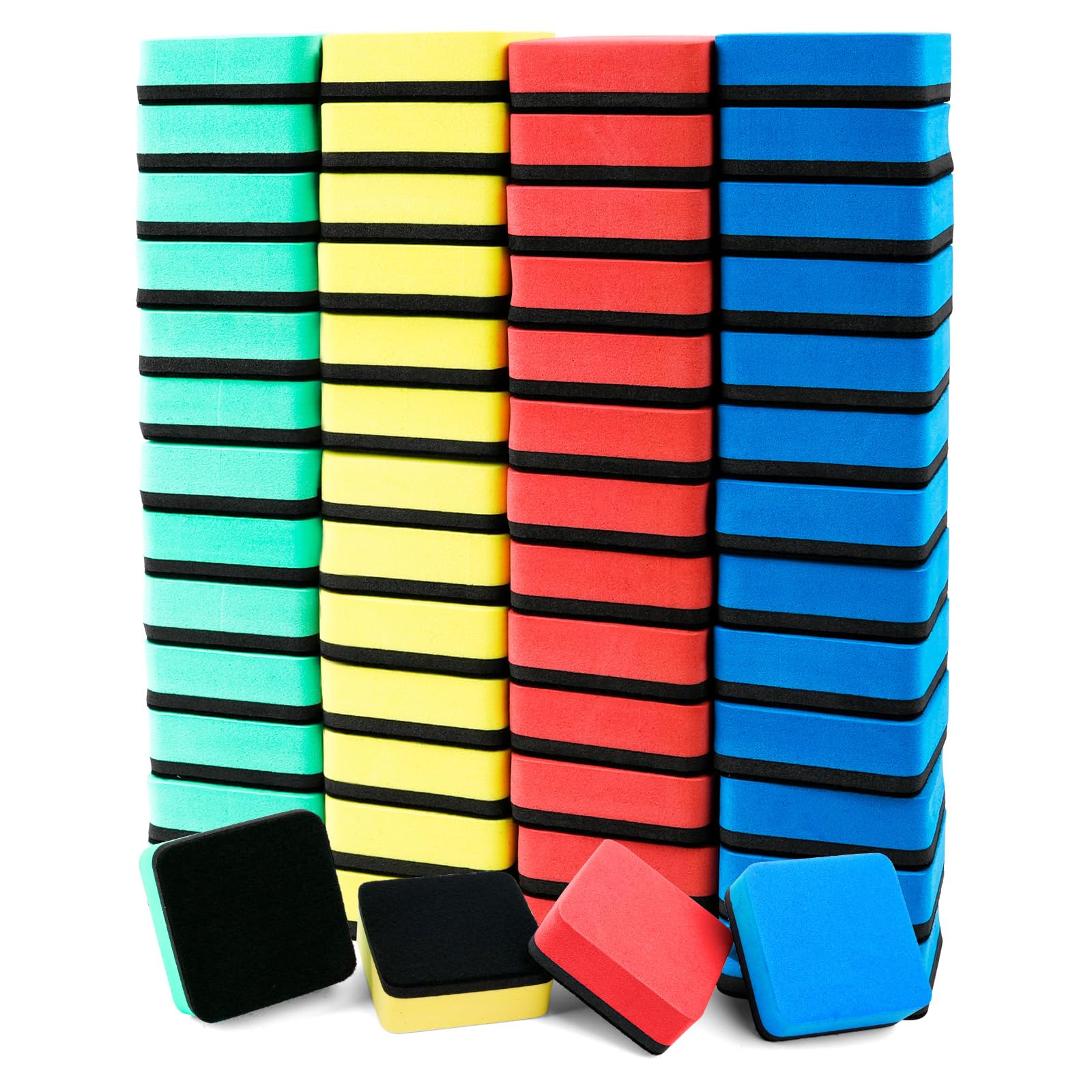 Muiltvoe 52 Pcs Magnetic Whiteboard Eraser Bulk, 4 Colors Magnetic Dry Eraser with Thick Felt Pad, Mini White Board Foam Cleaner for Home School Office (5x5x2cm,Square)