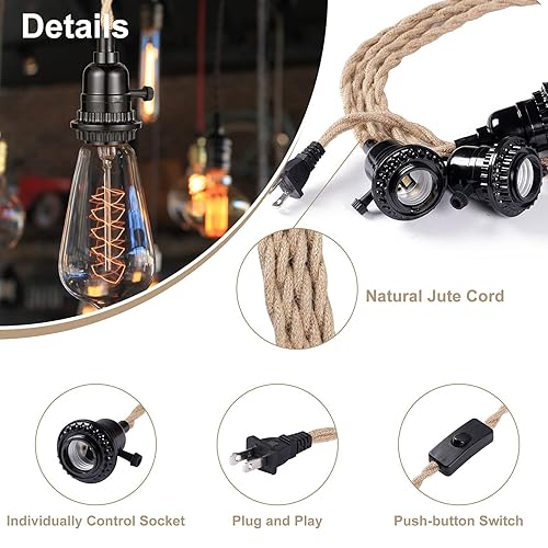 Miniatura 4 de Simple Deluxe Luces colgantes de 15 pies con cable de enchufe, adecuado para enchufe de lámpara E26, cable de cáñamo trenzado, para el hogar, fiesta