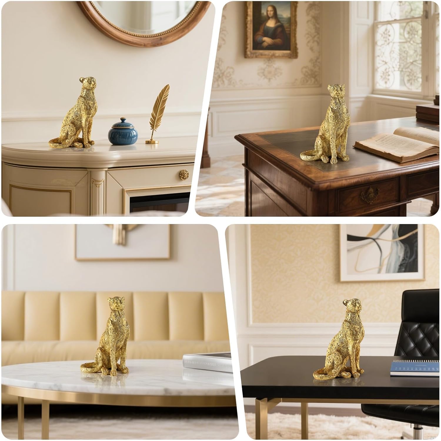 Cheetah Statue for Home Decor, 8" Resin Sitting Leopard Sculpture, Gold Desktop Decoration for Living Room, Dining Room, Office,Shelves, Coffee Table, Tv Stand or Entry Way