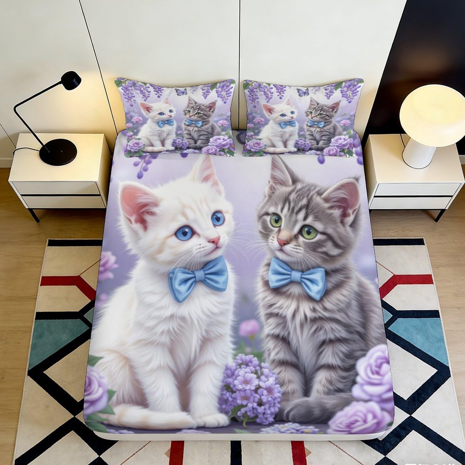 Jqzkxnhpbr Style-2 3D Printed Cute Cat Fitted Sheet Microfiber Soft Purple Floral Kitten Bed Sheet For Bedroom Dorm Mattress Protection Decor 90X200x25cm