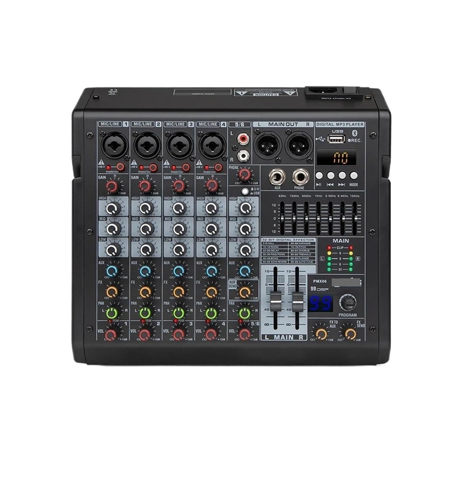 Mixer 99 DSP Digital MP3 Input 48V Phantom Power Supply 7-Stage Equalizer Podcast Recording with Bluetooth(6 Channel)