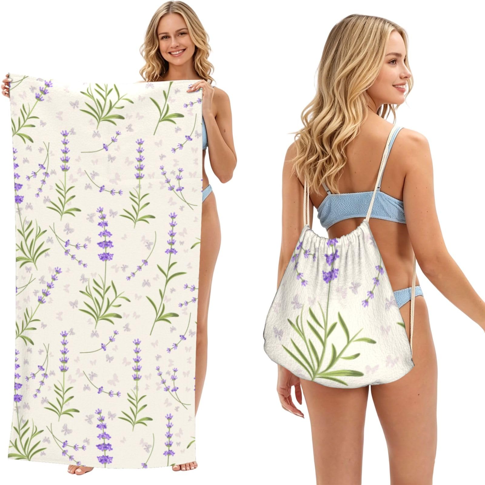 Poadnly As Picture Lavender Pattern, 2 In 1 Packable Towel Bag, Beach Towels With Drawstring Backpack For Travel Holiday Camping