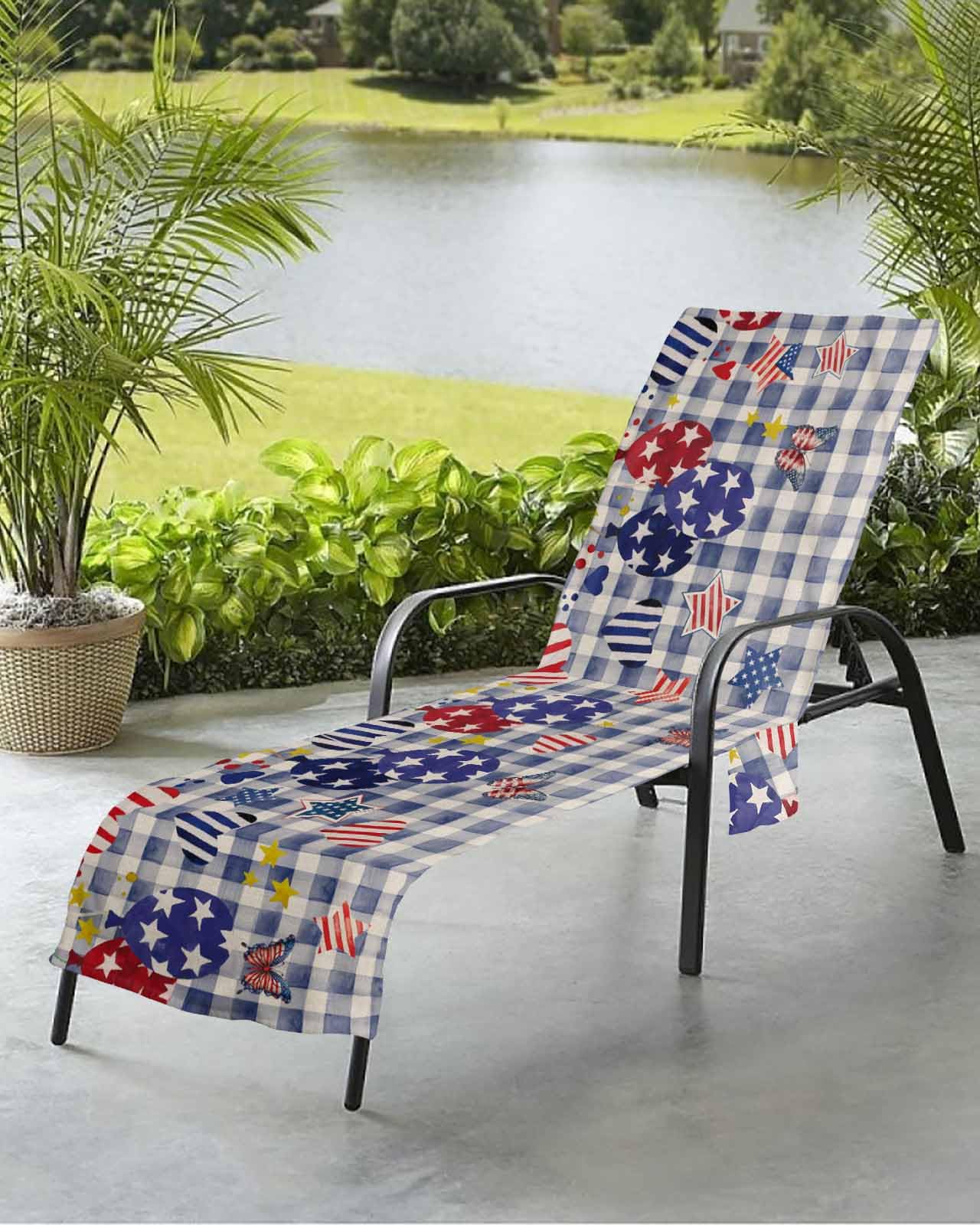 Independence Day Beach Chair Towel Covers for Chaise Lounge with Side Pocket, Soft Plush Pool Towels Cover for Patio Sunbathing Outdoor 29''x85'' 4th of July Buffalo Plaid Blue