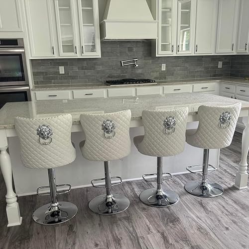 Swivel Bar Stools Set of 4, Modern Adjustable Counter Stools with Lion Pull Ring, Velvet Tufted Barstools Upholstered Bar Height Chairs for Kitchen Island, Dining Room, Cafe, Cream